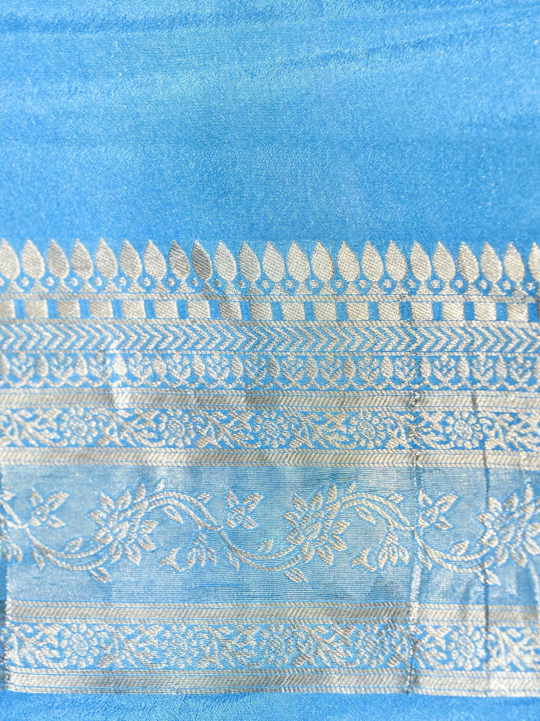 Royal Blue Crepe Georgette Silk Saree with Powder Blue and Champagne Gold Border