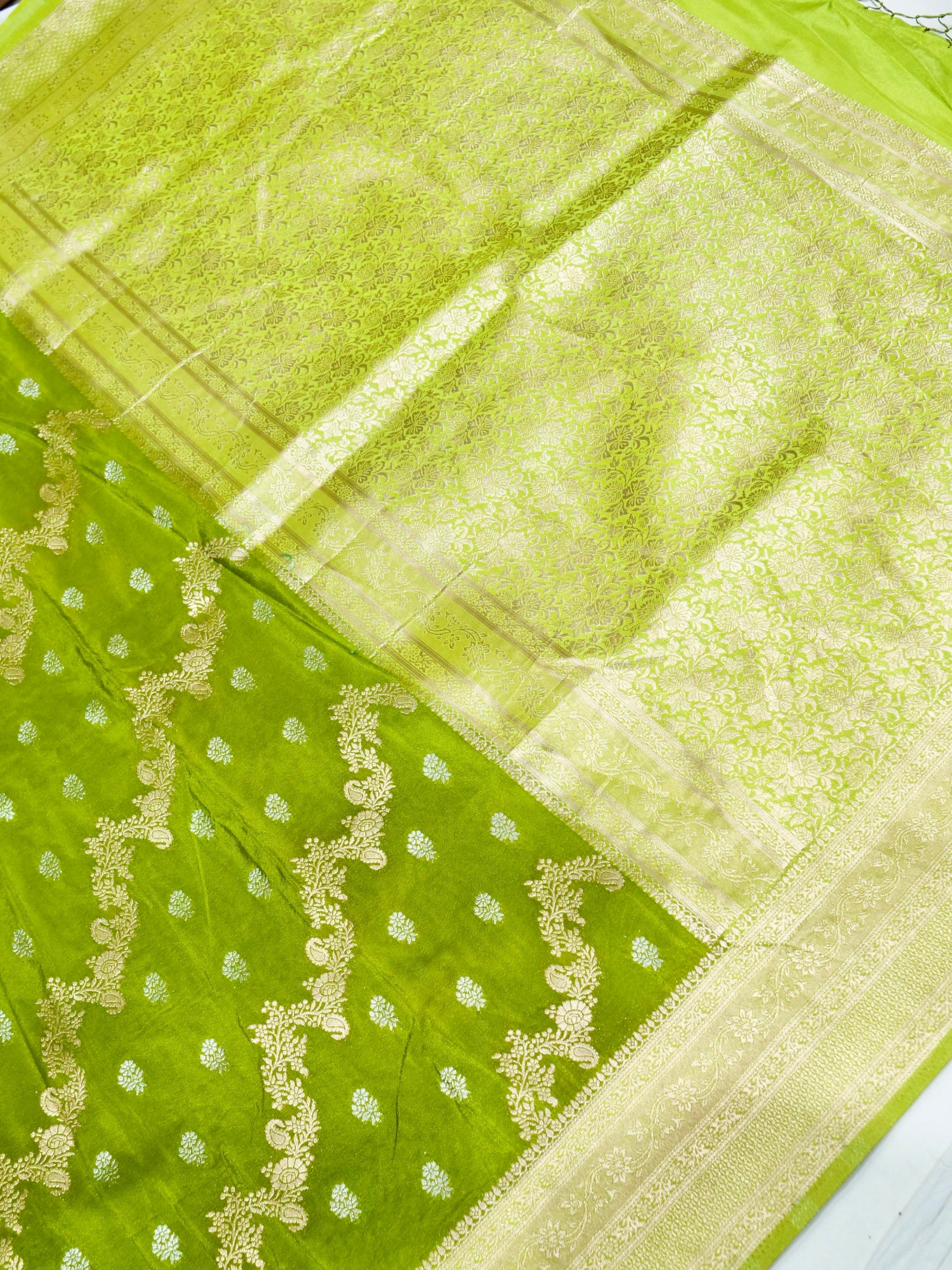 Olive Green Crepe Georgette Silk Saree with Champagne Gold Border