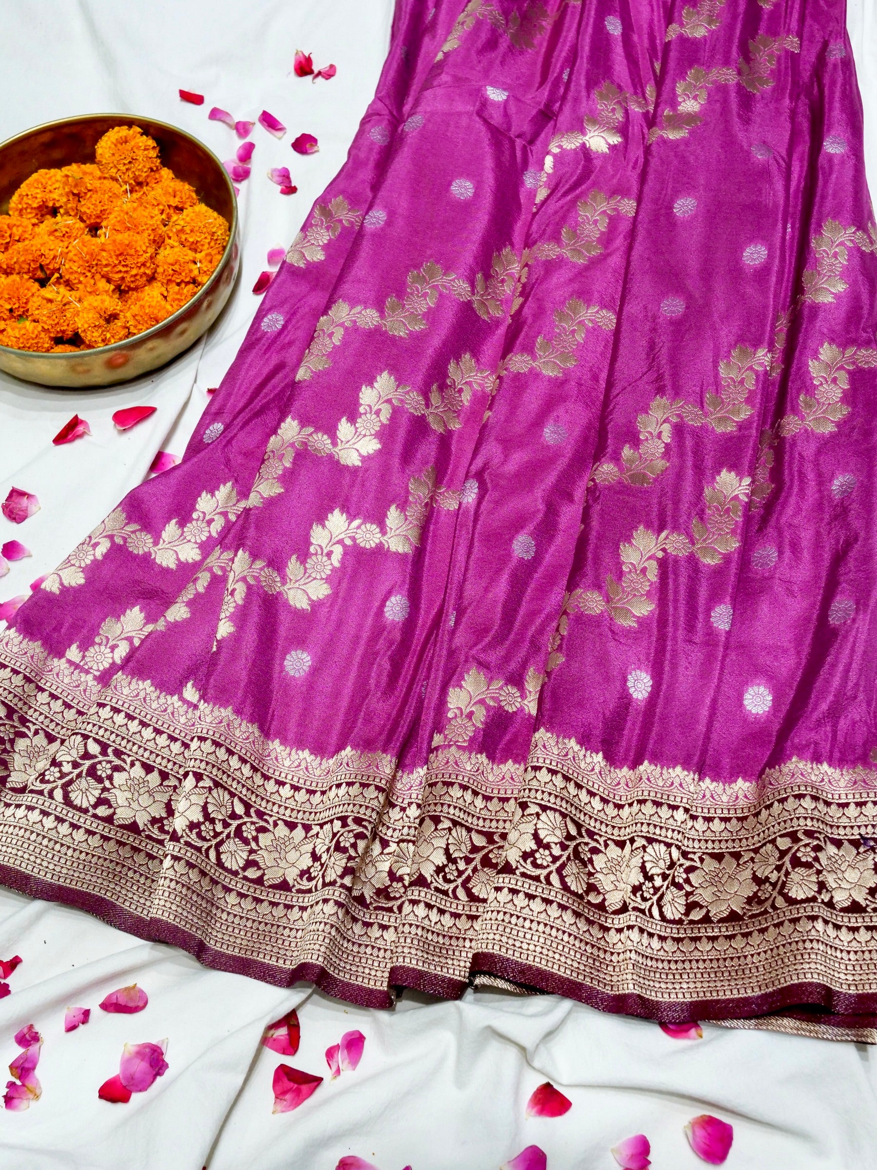 Magenta Orchid Pink Crepe Georgette Silk Saree with Wine Purple Border