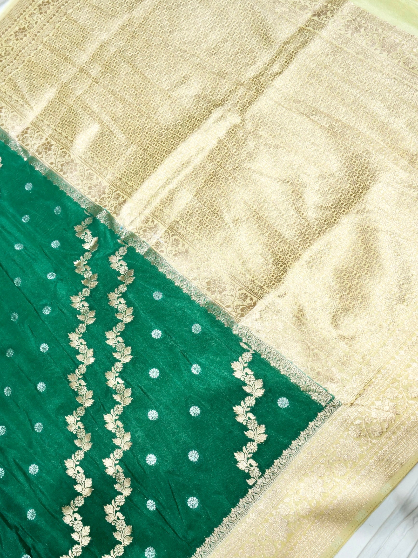 Emerald Green Crepe Georgette Silk Saree with Champagne Gold Border