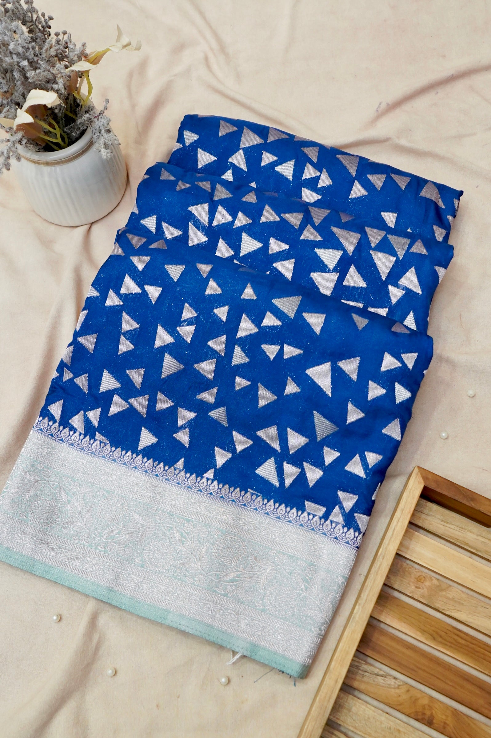 Royal Blue Crepe Georgette Silk Saree with Silver Border