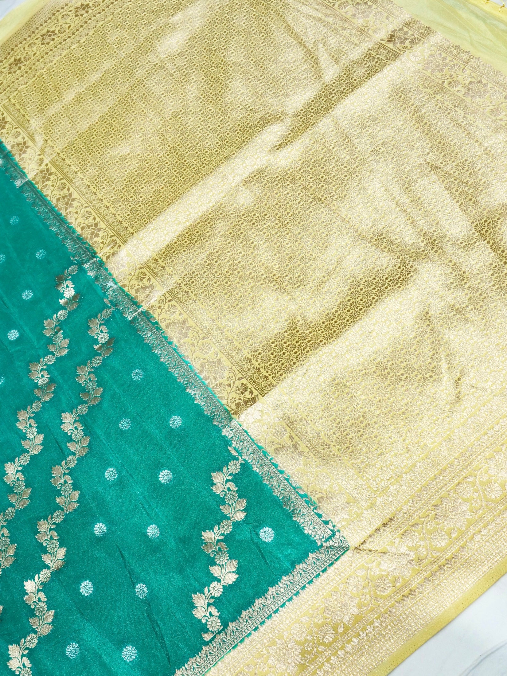 Teal Green Crepe Georgette Silk Saree with Antique Gold Border