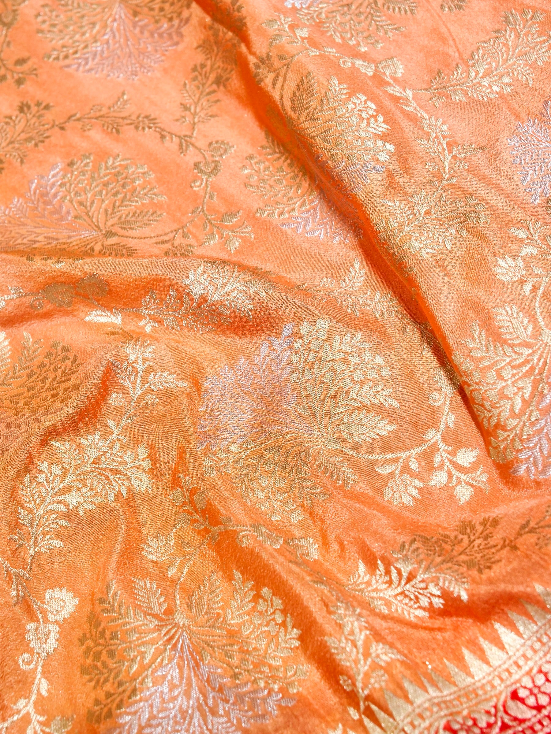Peach Crepe Georgette Silk Saree with Coral Red Border