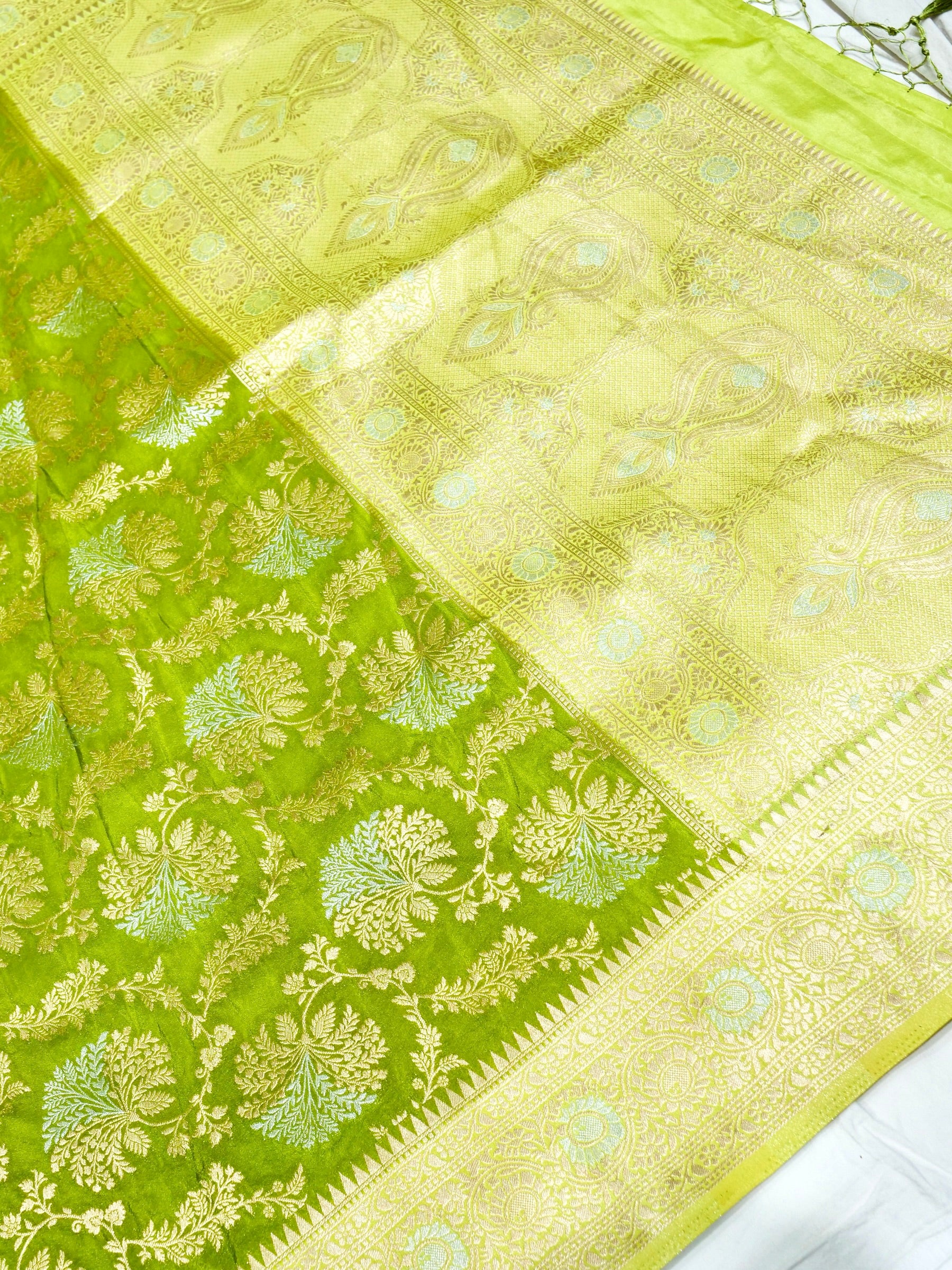 Parrot Green Crepe Georgette Silk Saree with Lime Gold Border
