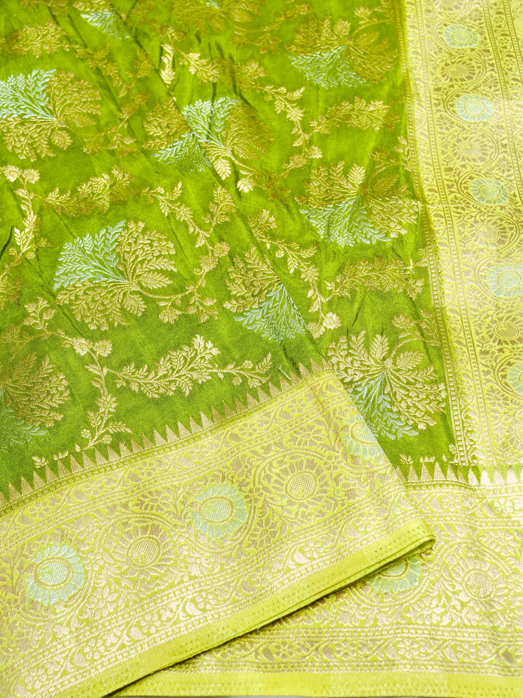 Parrot Green Crepe Georgette Silk Saree with Lime Gold Border