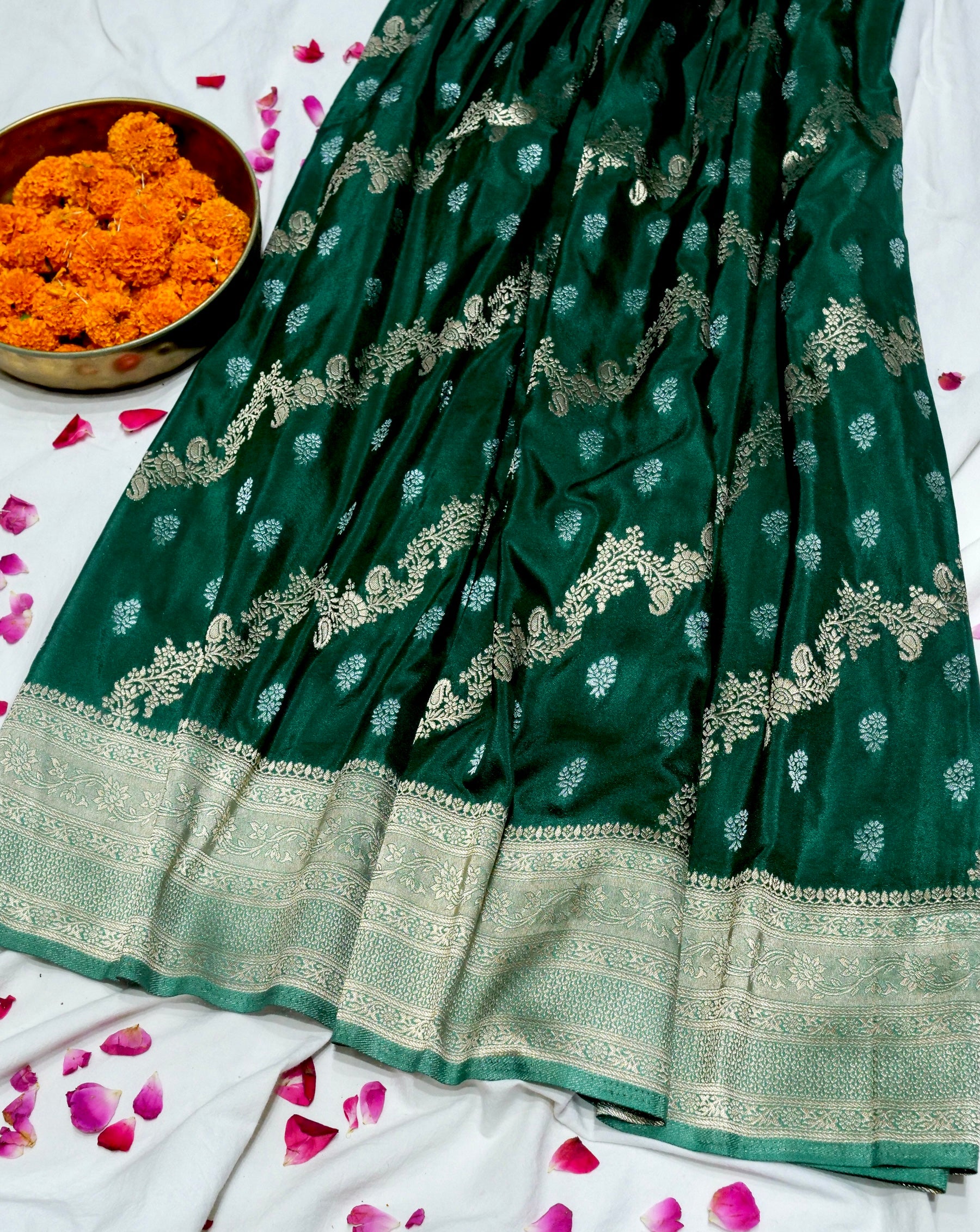 Emerald Green Crepe Georgette Silk Saree with Sea Green Border