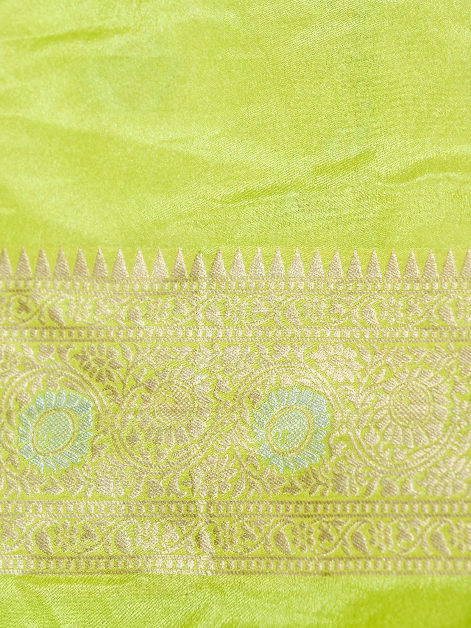 Parrot Green Crepe Georgette Silk Saree with Lime Gold Border