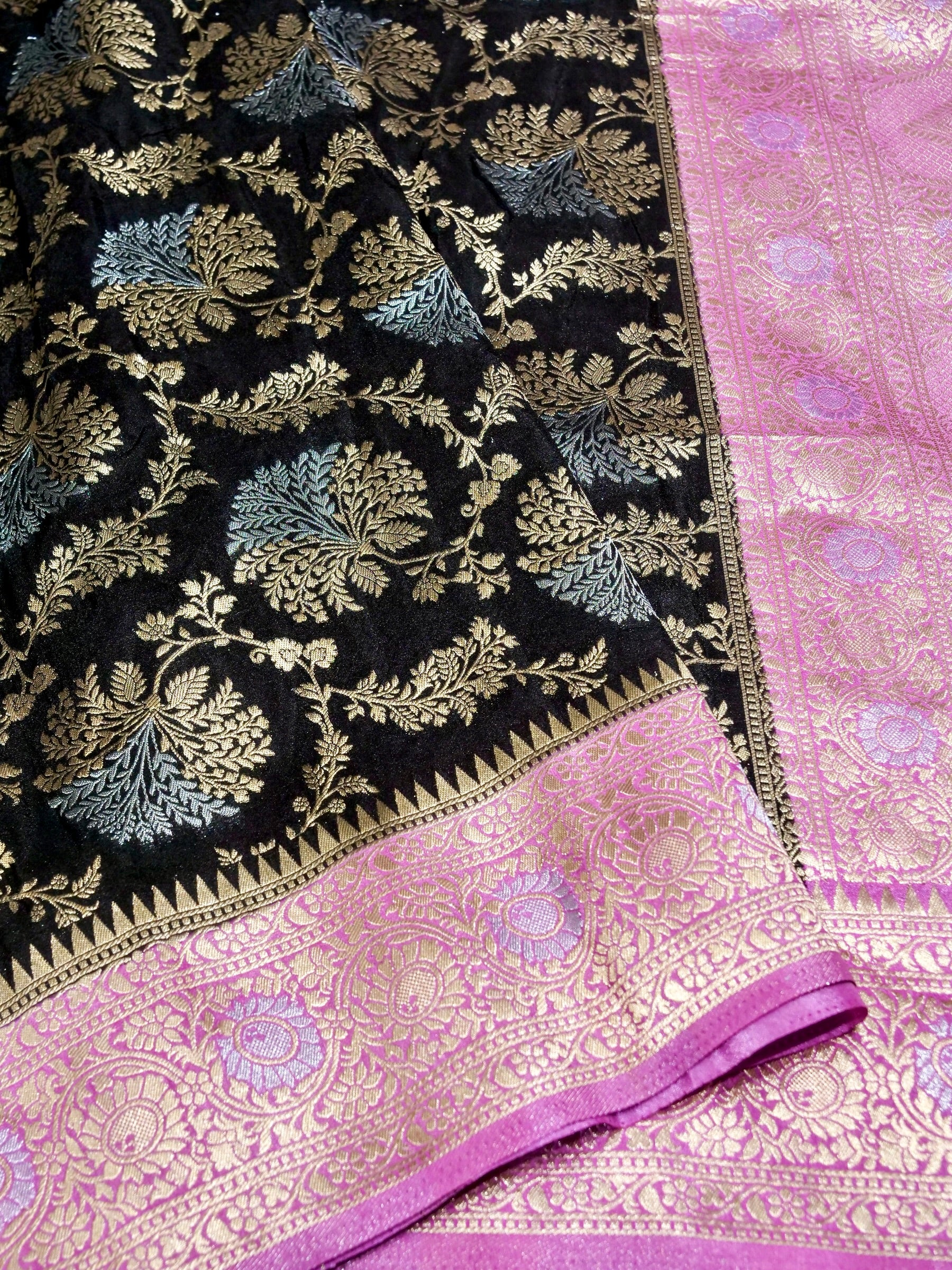 Jet Black Crepe Georgette Silk Saree with Lilac Pink Border