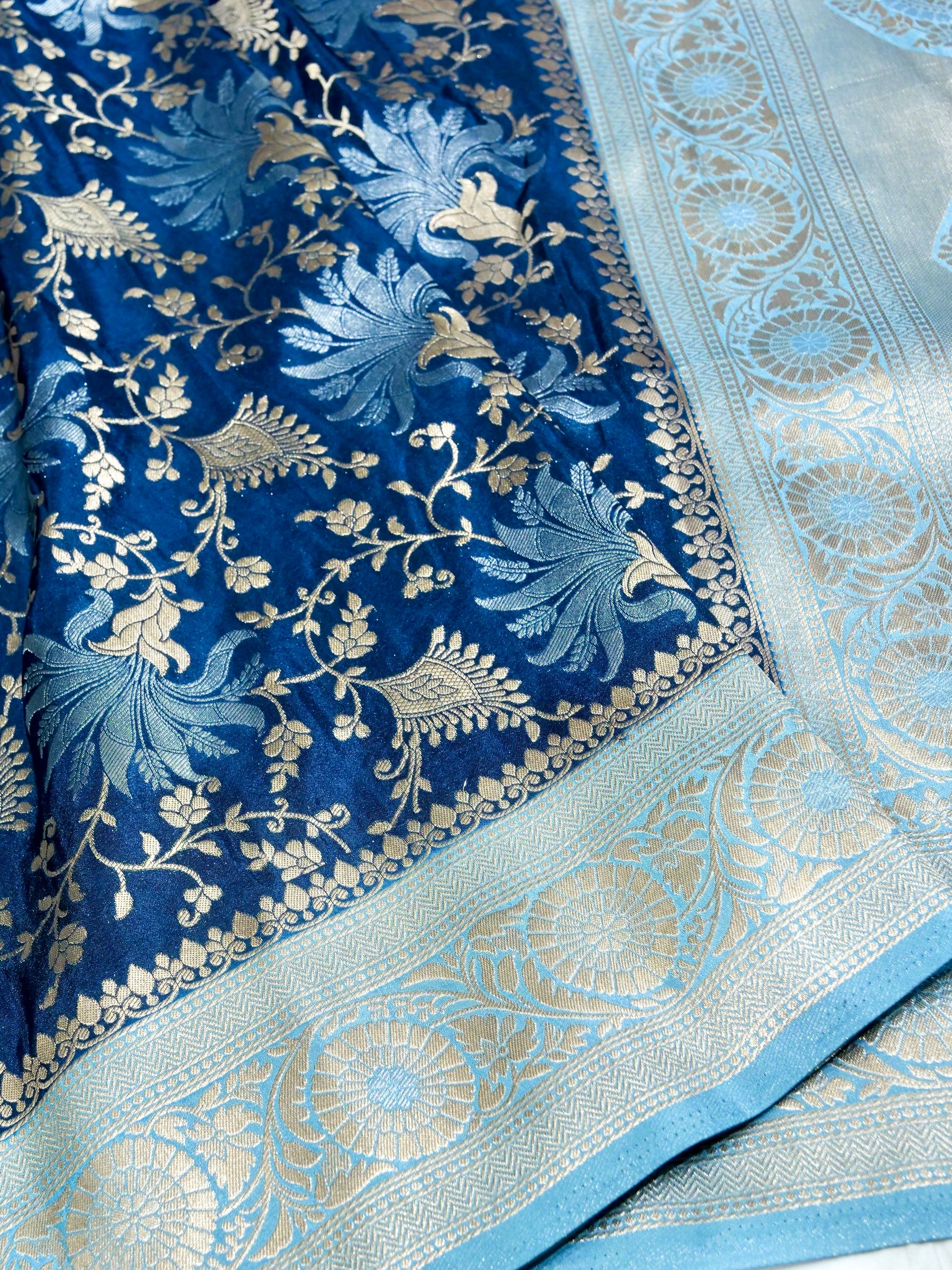 Midnight Navy Blue Crepe Georgette Silk Saree with Powder Blue Border