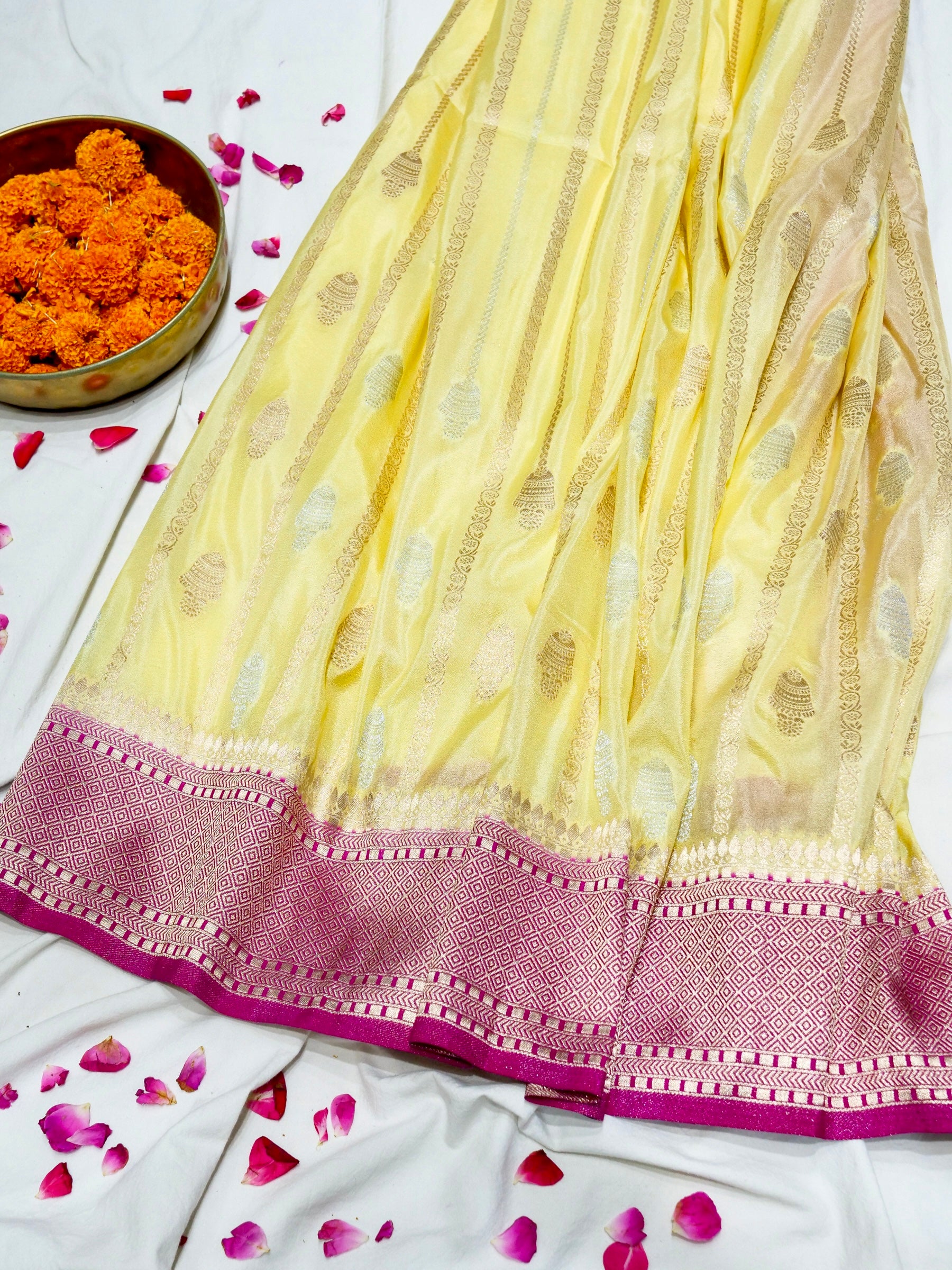 Butter Yellow Crepe Georgette Silk Saree with Rani Pink Border