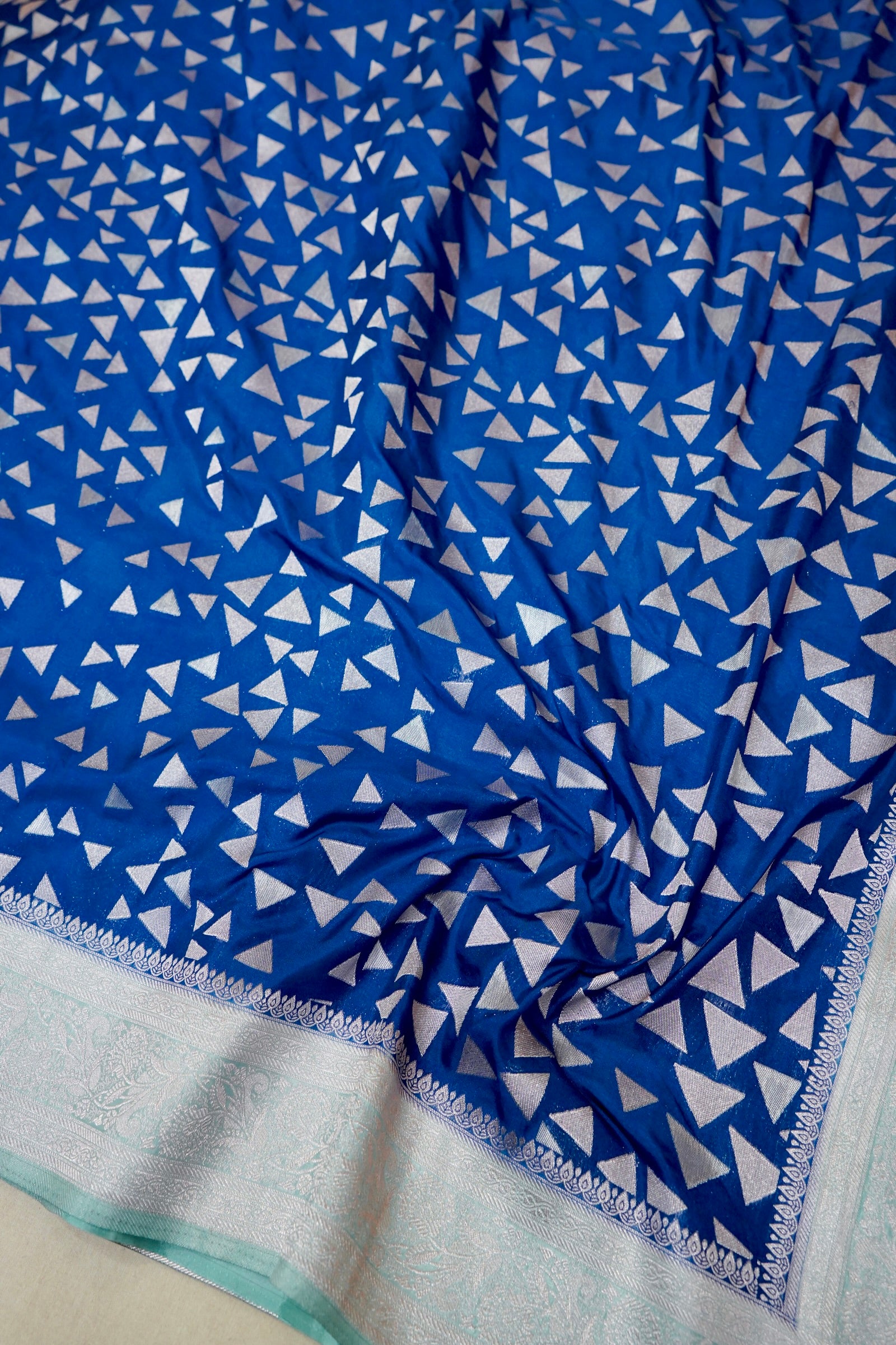 Royal Blue Crepe Georgette Silk Saree with Silver Border