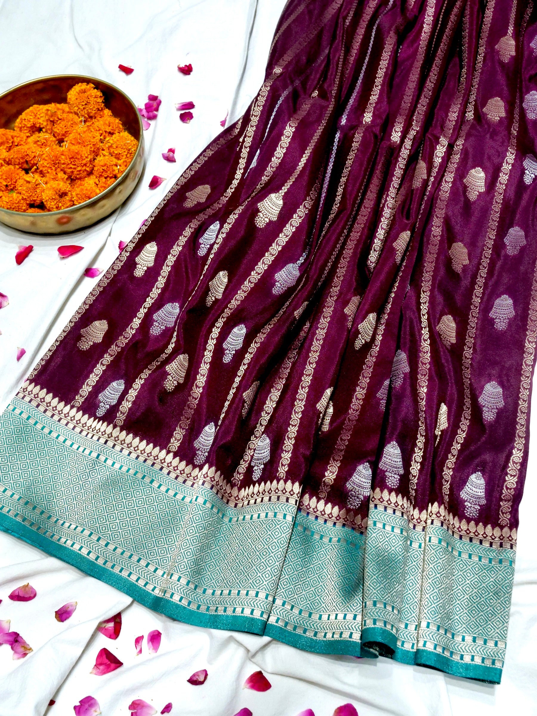 Wine Purple Crepe Georgette Silk Saree with Aqua Blue Border