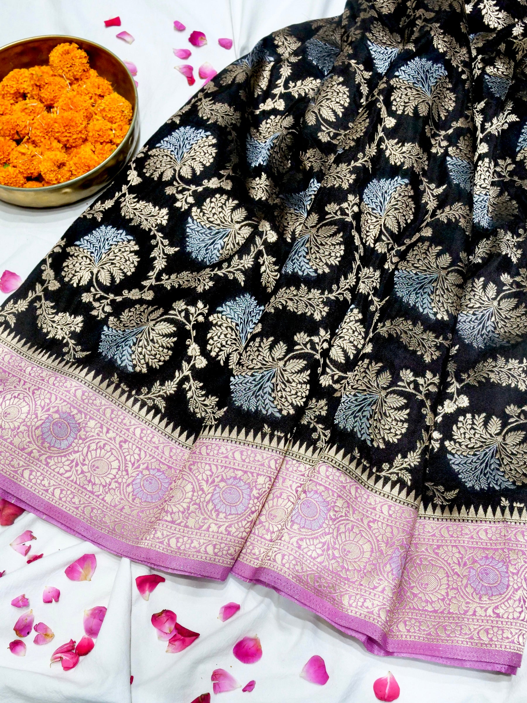 Jet Black Crepe Georgette Silk Saree with Lilac Pink Border
