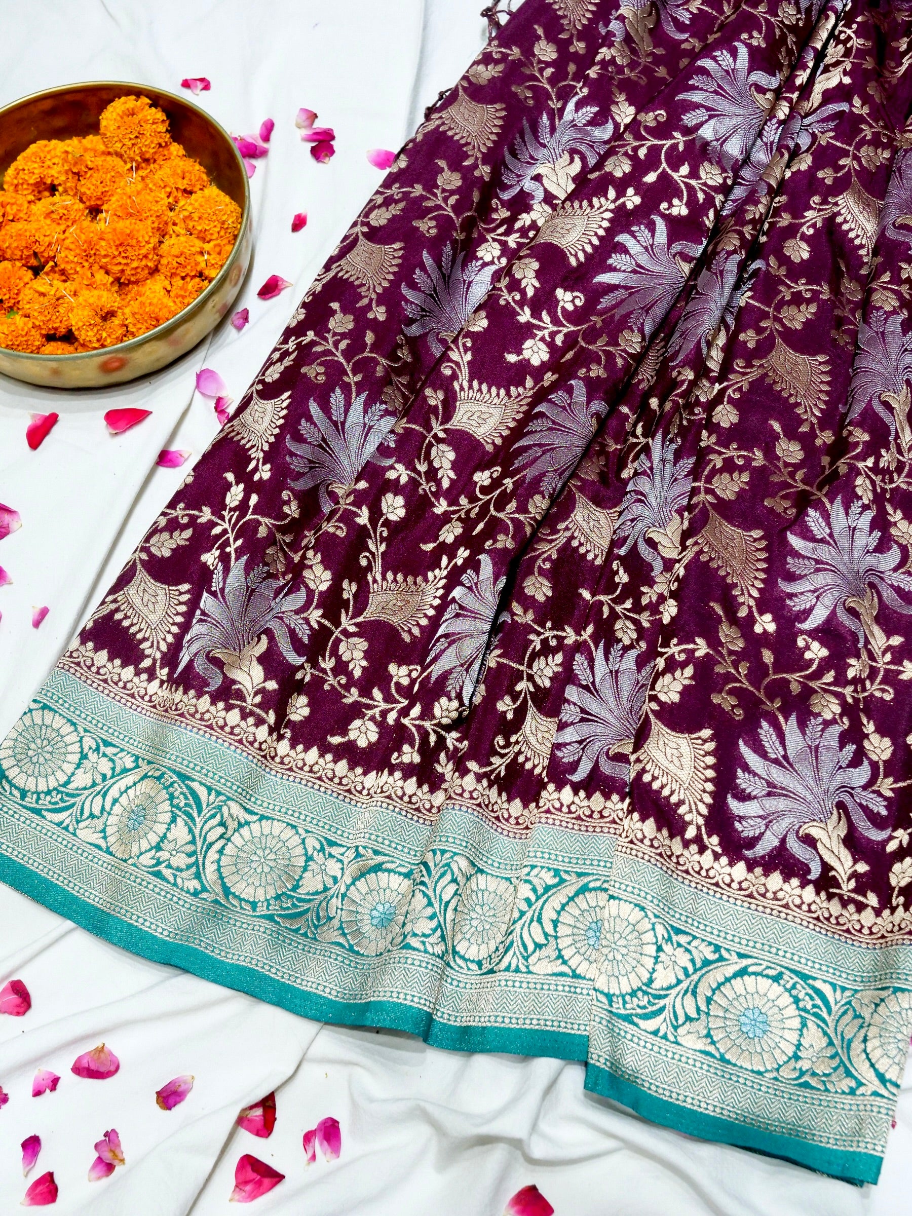 Mulberry Purple Crepe Georgette Silk Saree with Turquoise Blue Border