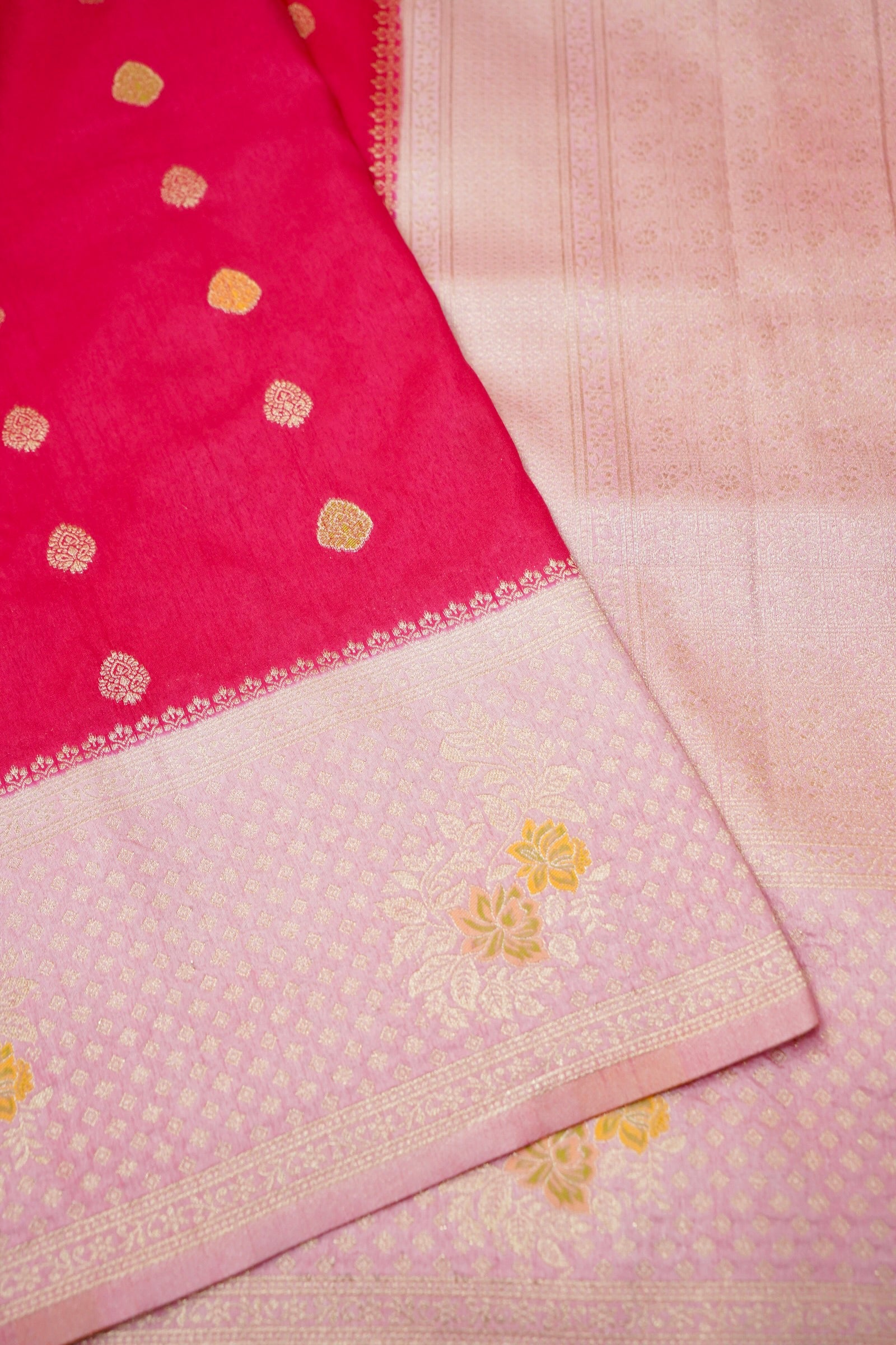 Radish Red Crepe Georgette Silk Saree with Light Pink Border