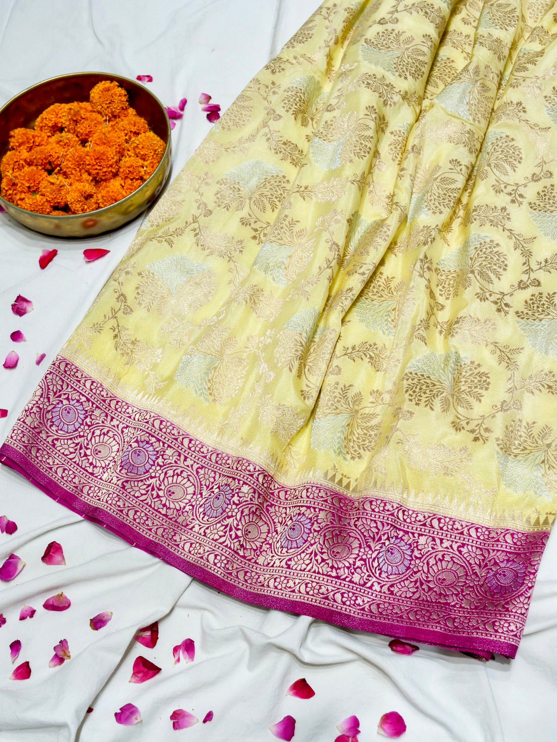 Lemon Yellow Crepe Georgette Silk Saree with Fuchsia Pink and Champagne Gold Border
