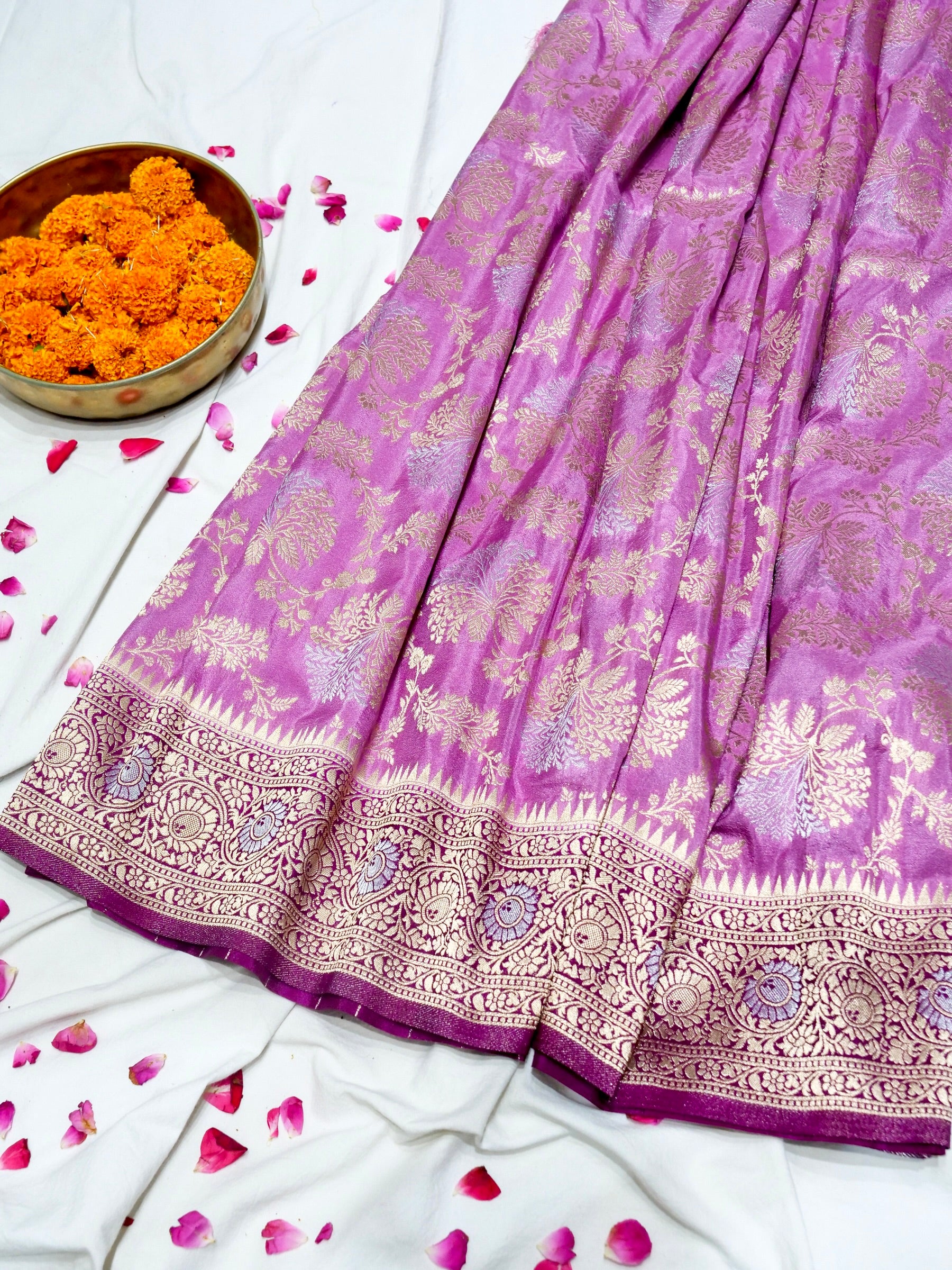 Lilac Pink Crepe Georgette Silk Saree with Deep Plum and Champagne Gold Border