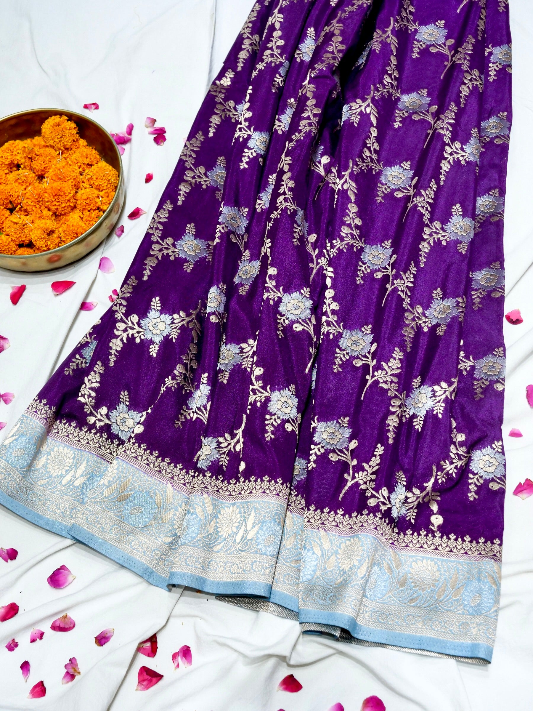 Purple Crepe Georgette Silk Saree with Powder Blue and Champagne Gold Border