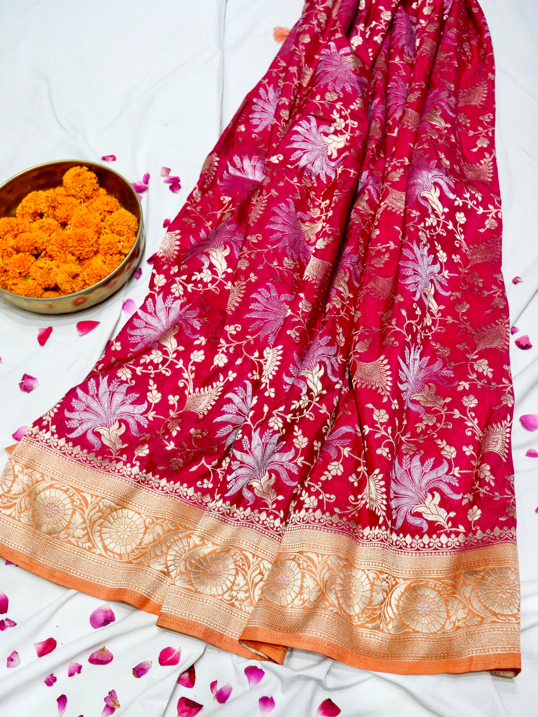 Cerise Pink Crepe Georgette Silk Saree with Peach Gold Border