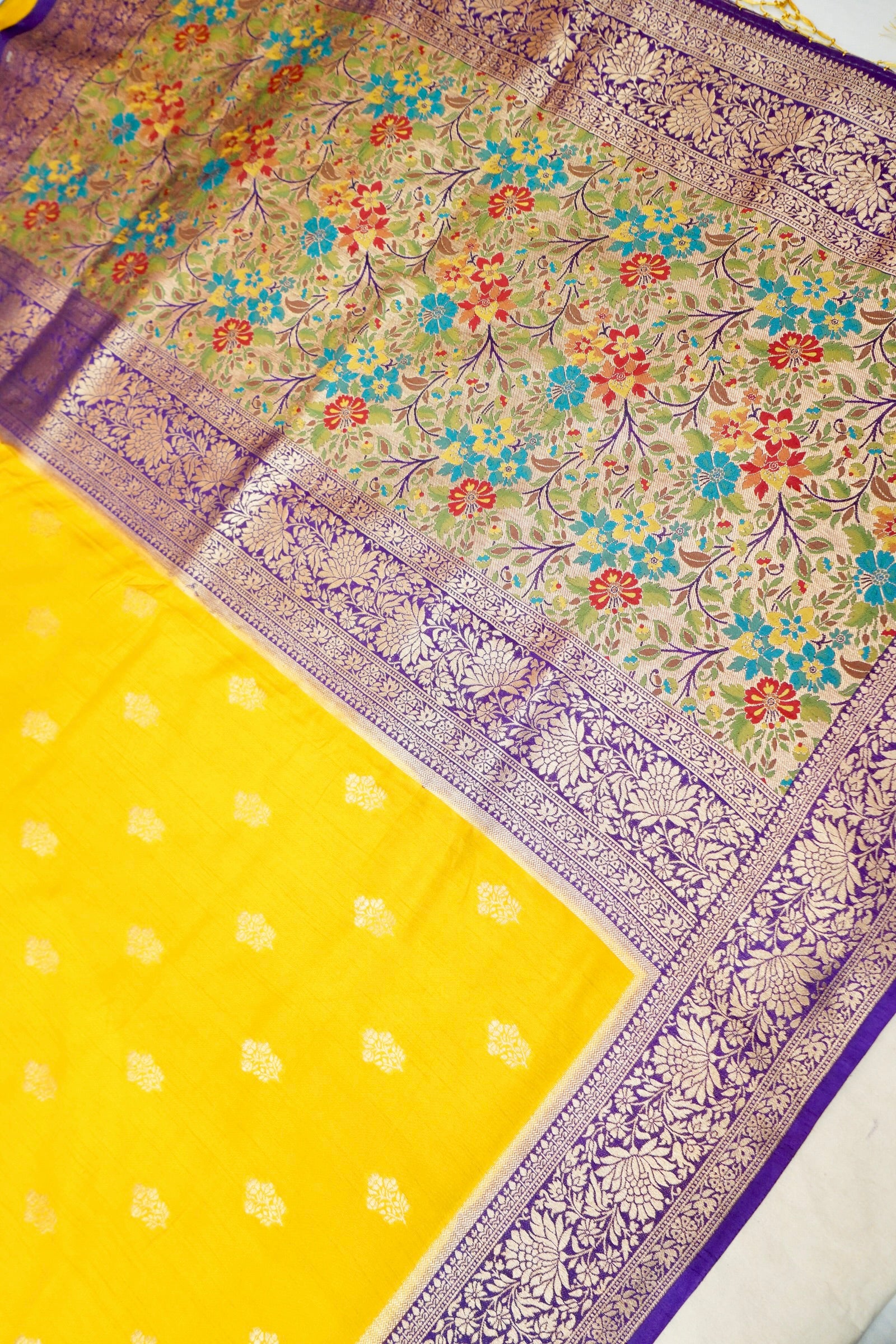 Mustard Yellow Dupion Patola with Purple Border & Heavy Gold Zari