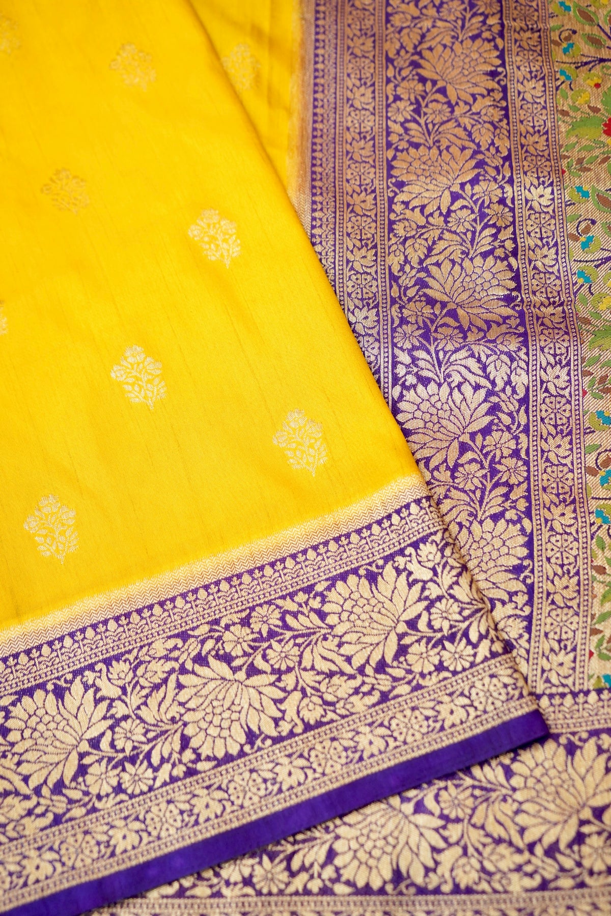 Mustard Yellow Dupion Patola with Purple Border & Heavy Gold Zari