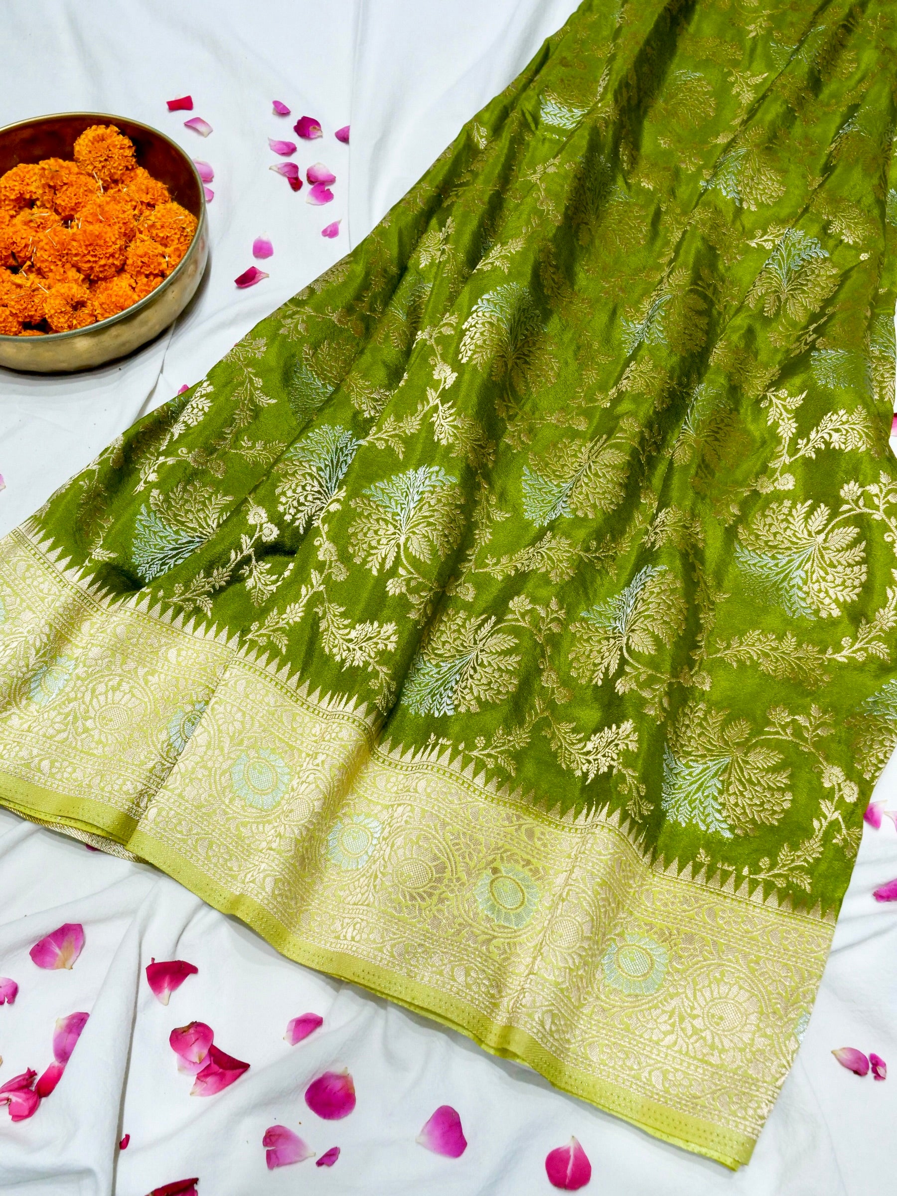 Parrot Green Crepe Georgette Silk Saree with Lime Gold Border