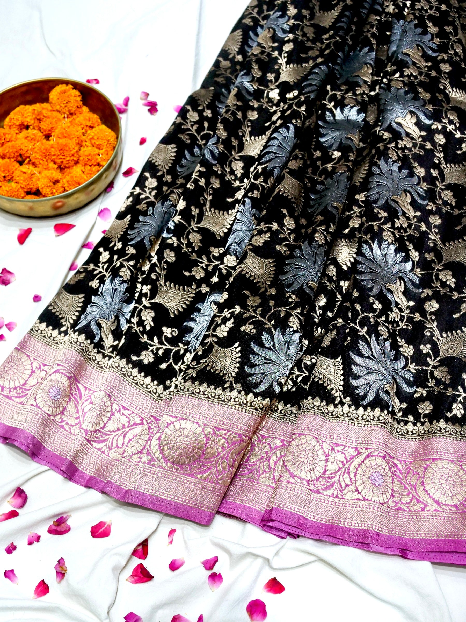 Jet Black Crepe Georgette Silk Saree with Pink Border and Gold - Silver Weave