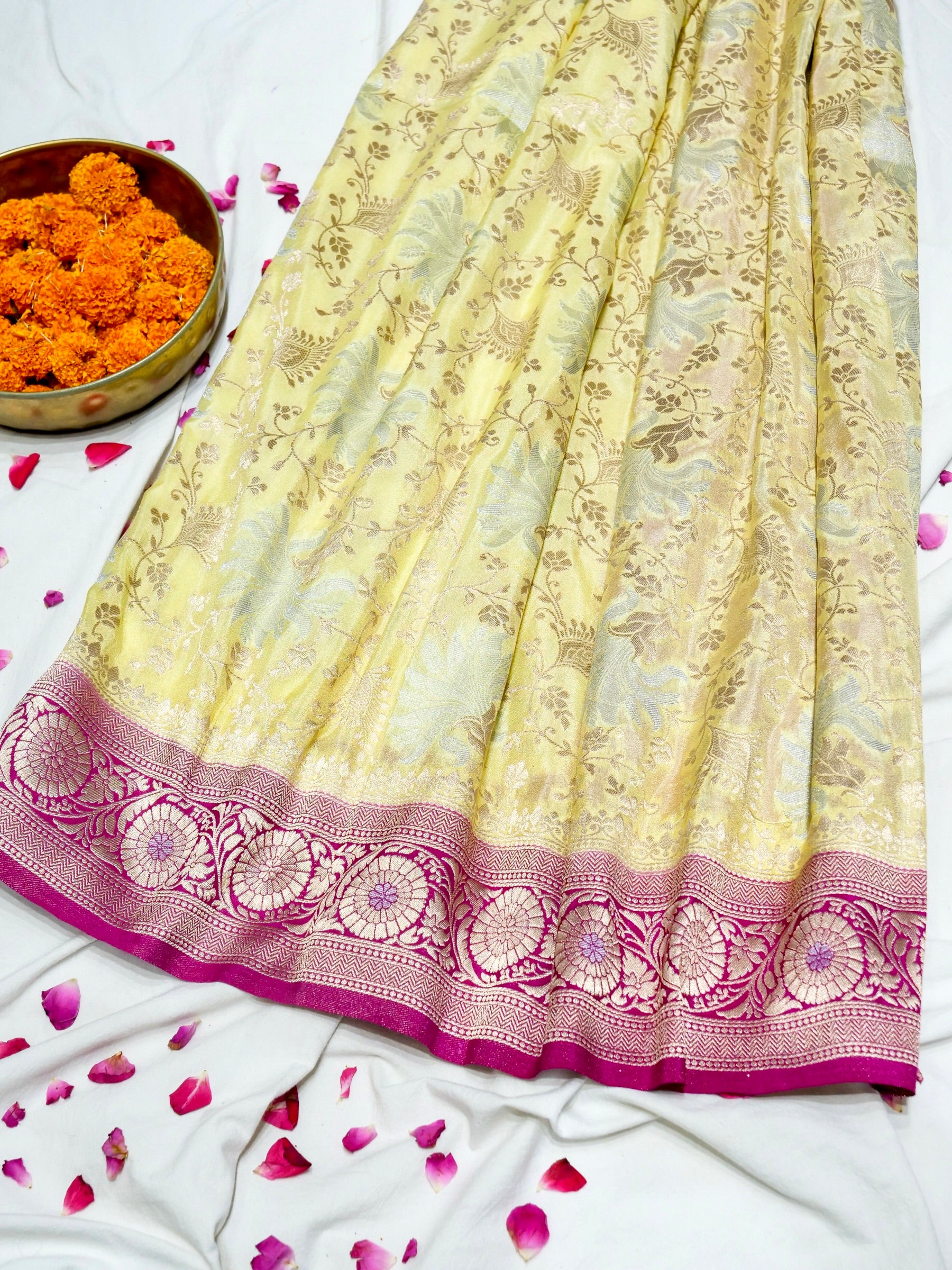 Butter Yellow Crepe Georgette Silk Saree with Pink and Champagne Gold Border