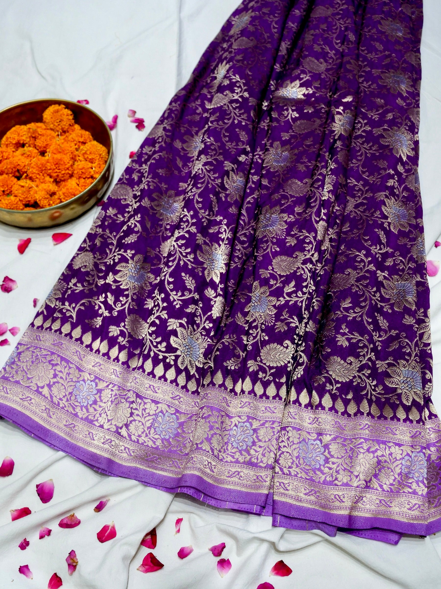 Purple Crepe Georgette Silk Saree with Lavender and Champagne Gold Border