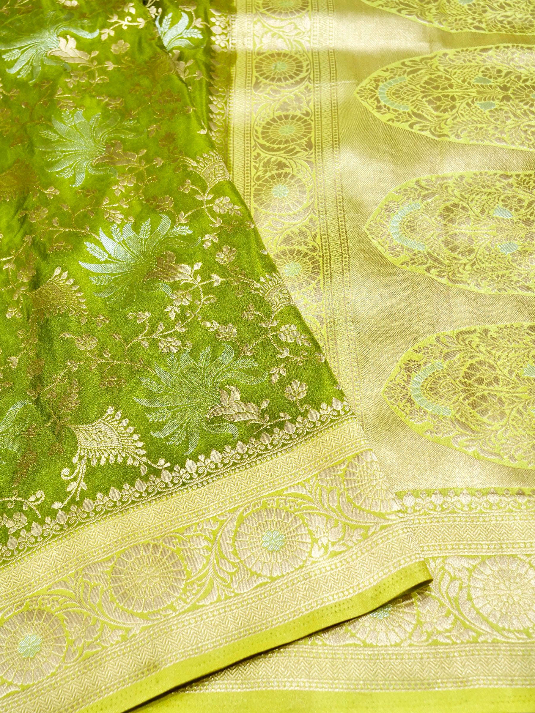 Lime Green Crepe Georgette Silk Saree with Pistachio Green and Champagne Gold Border