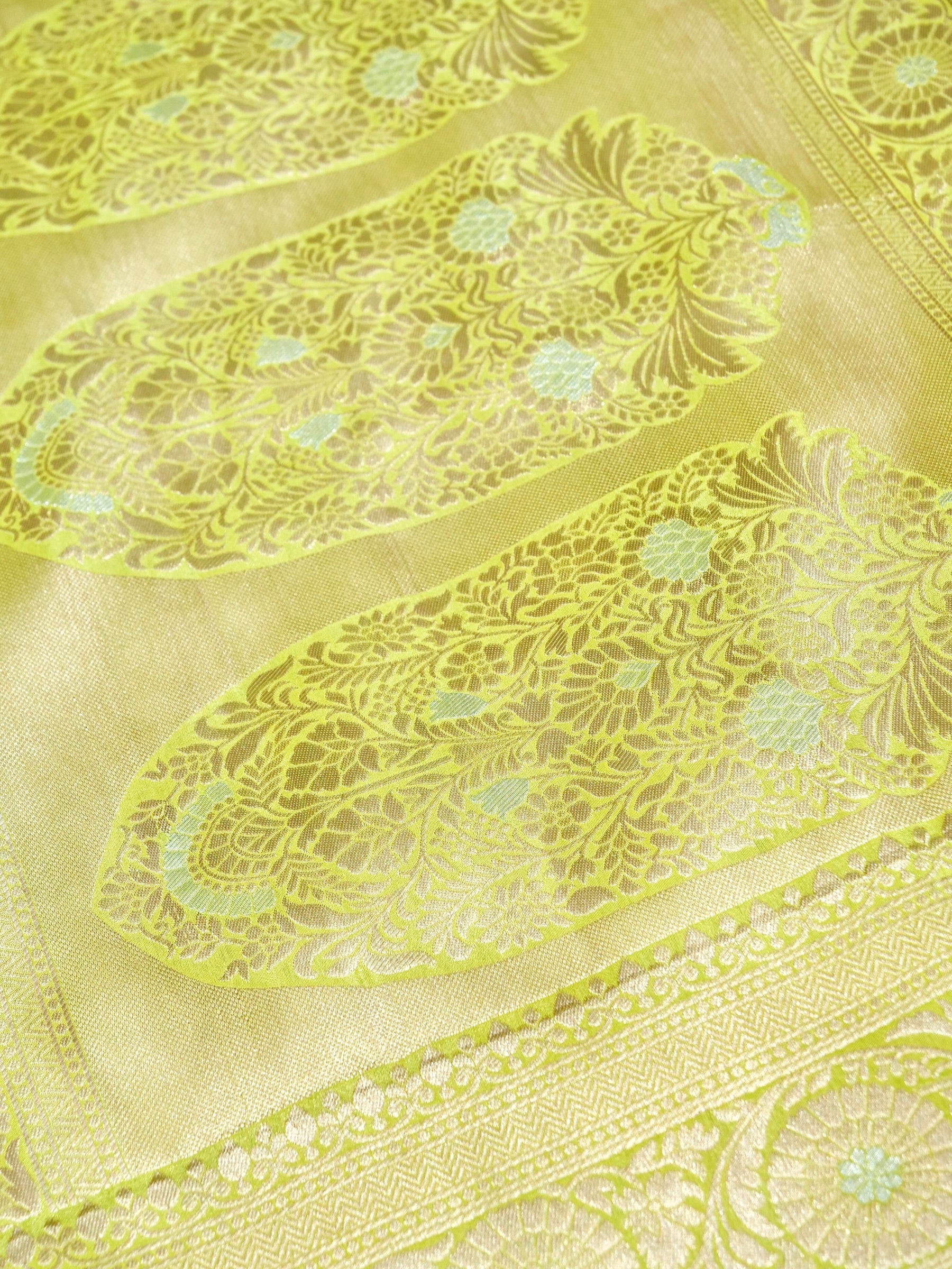 Lime Green Crepe Georgette Silk Saree with Pistachio Green and Champagne Gold Border