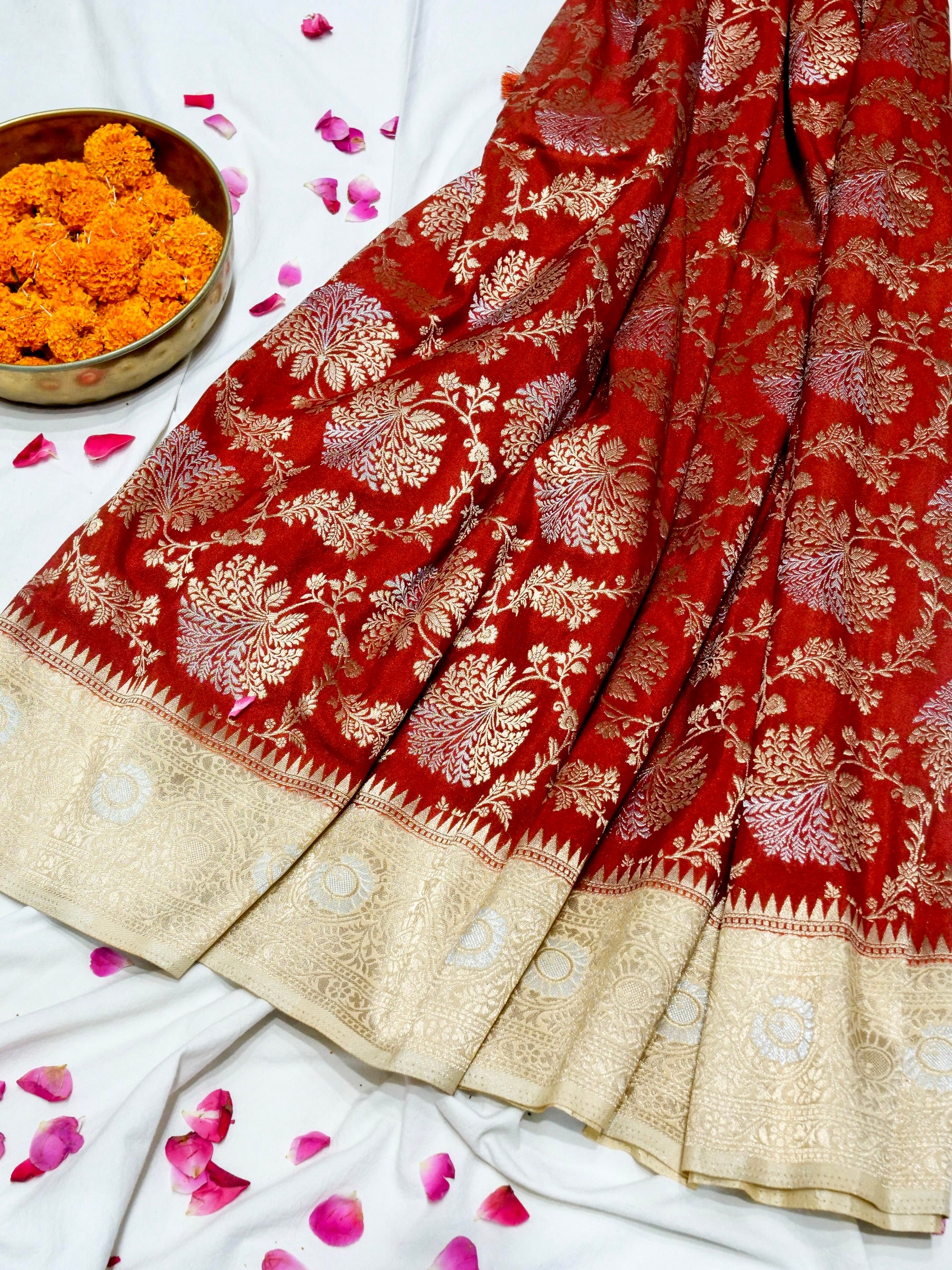 Brick Red Crepe Georgette Silk Saree with Champagne Gold Border