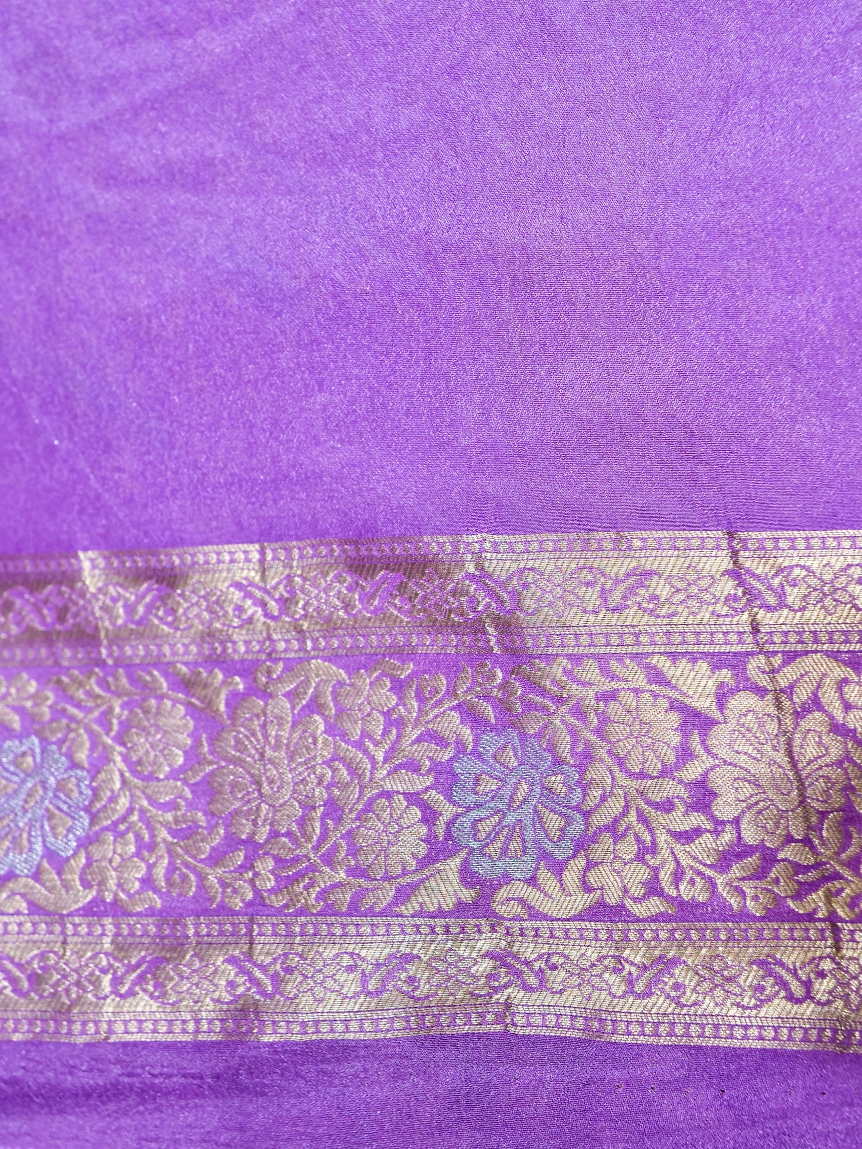 Purple Crepe Georgette Silk Saree with Lavender and Champagne Gold Border