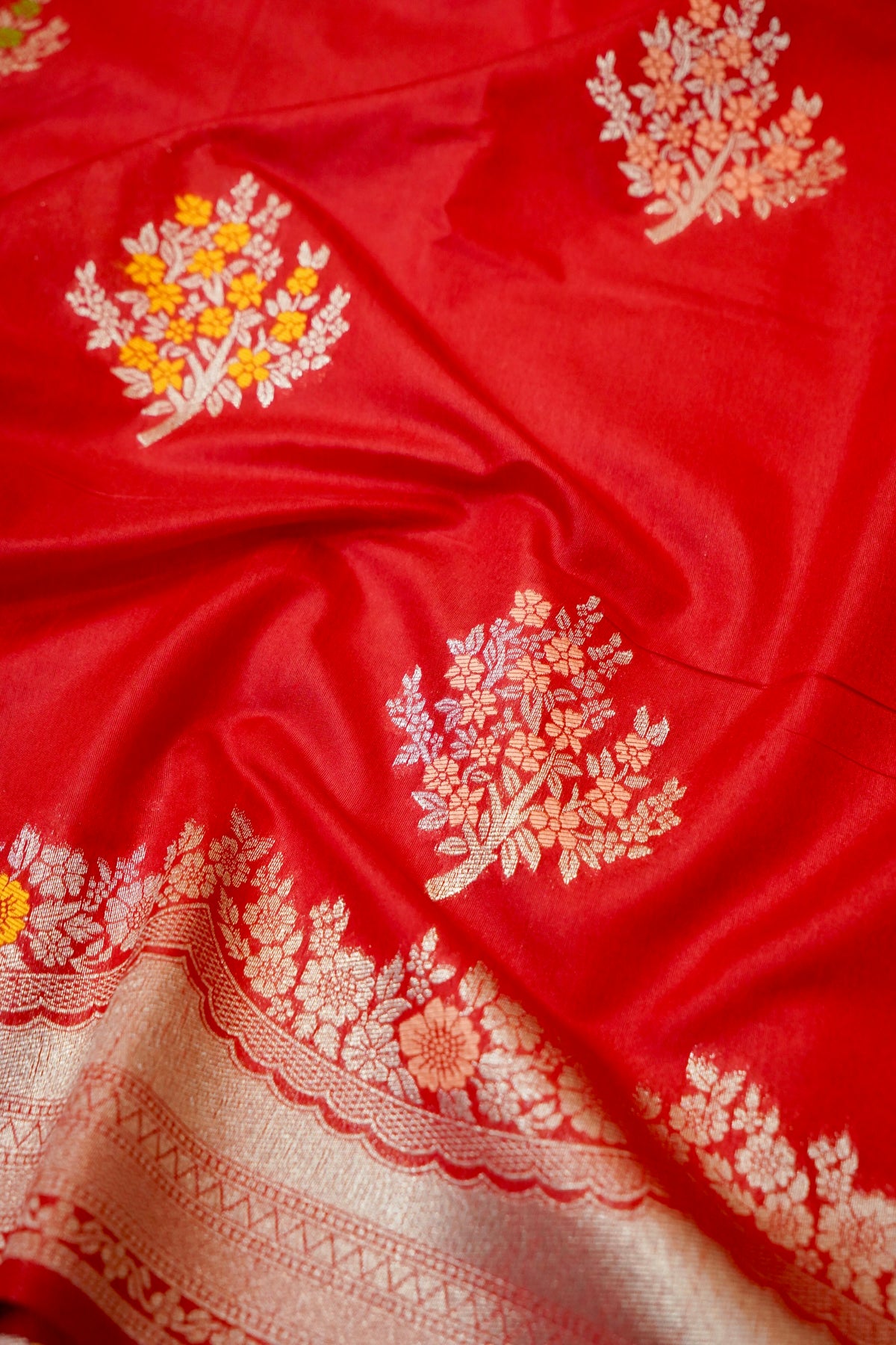 Royal Red Crepe Georgette Silk Saree with Gold Floral Border