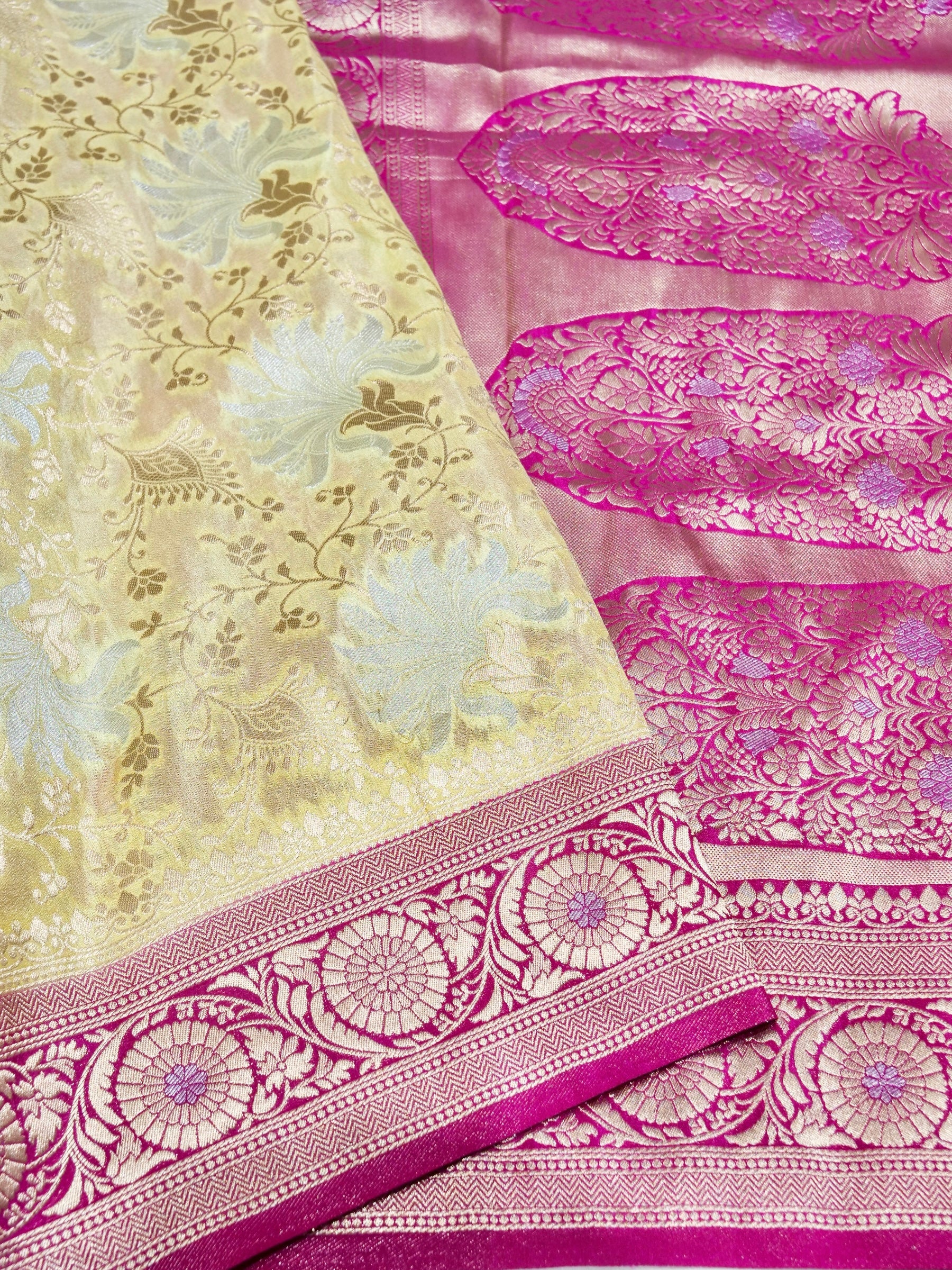 Butter Yellow Crepe Georgette Silk Saree with Pink and Champagne Gold Border