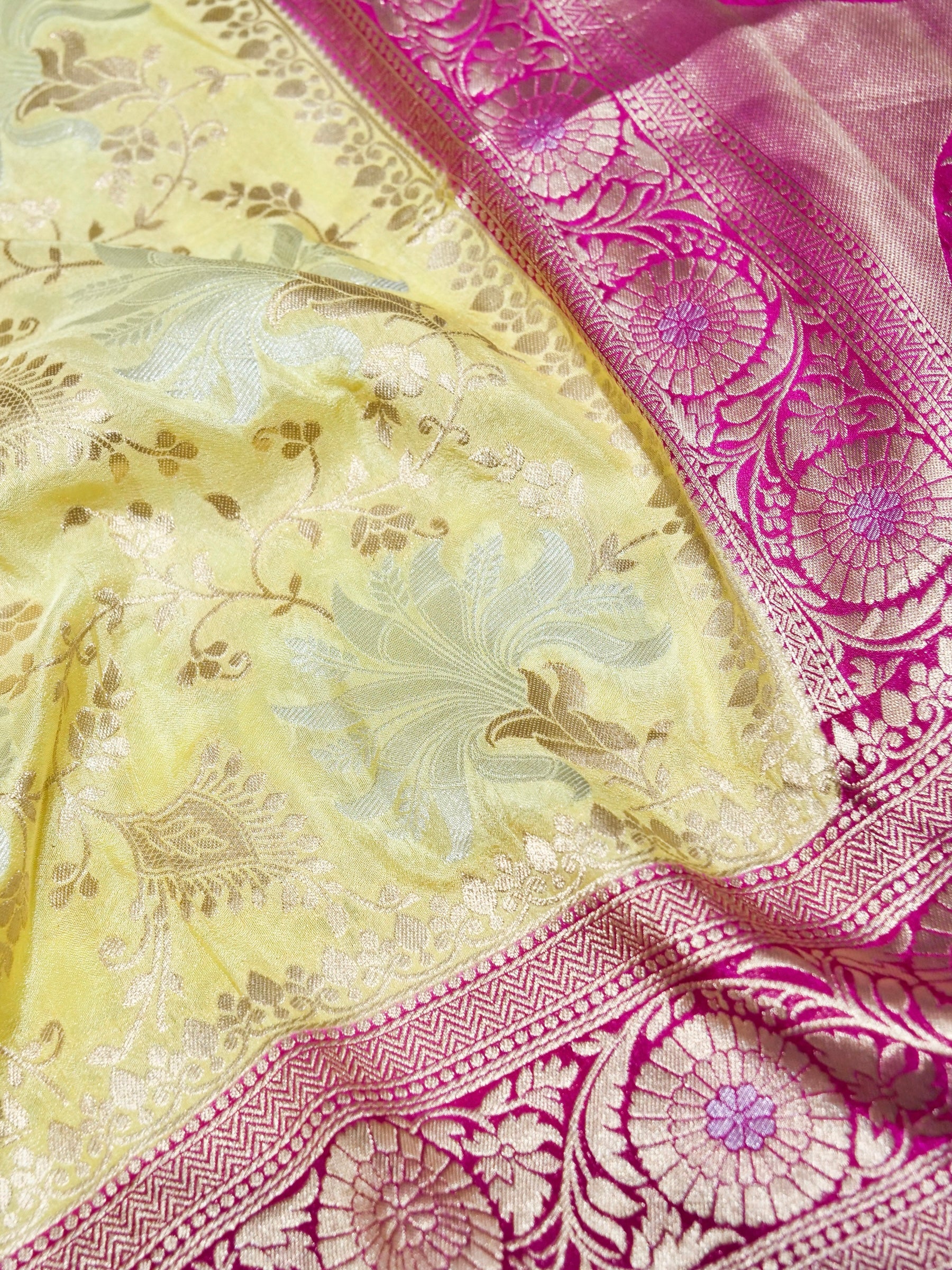 Butter Yellow Crepe Georgette Silk Saree with Pink and Champagne Gold Border