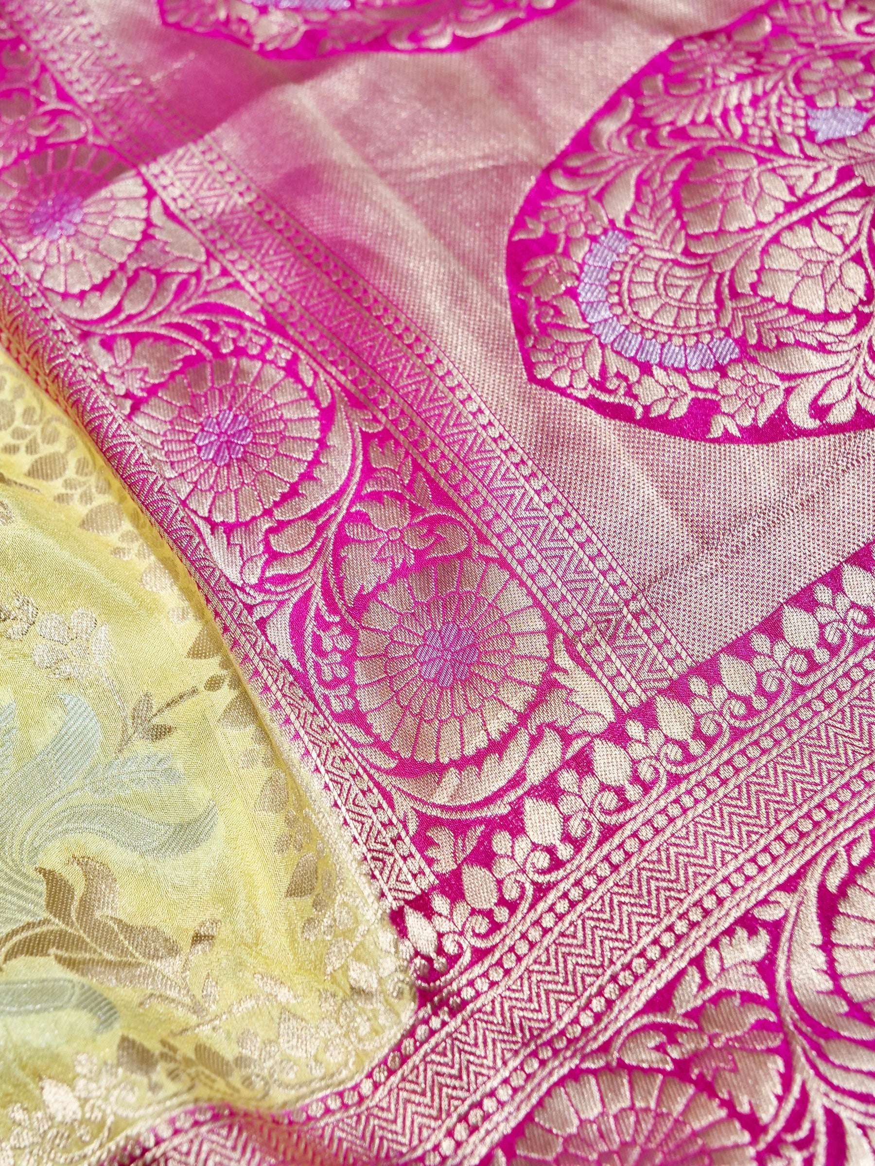 Butter Yellow Crepe Georgette Silk Saree with Pink and Champagne Gold Border