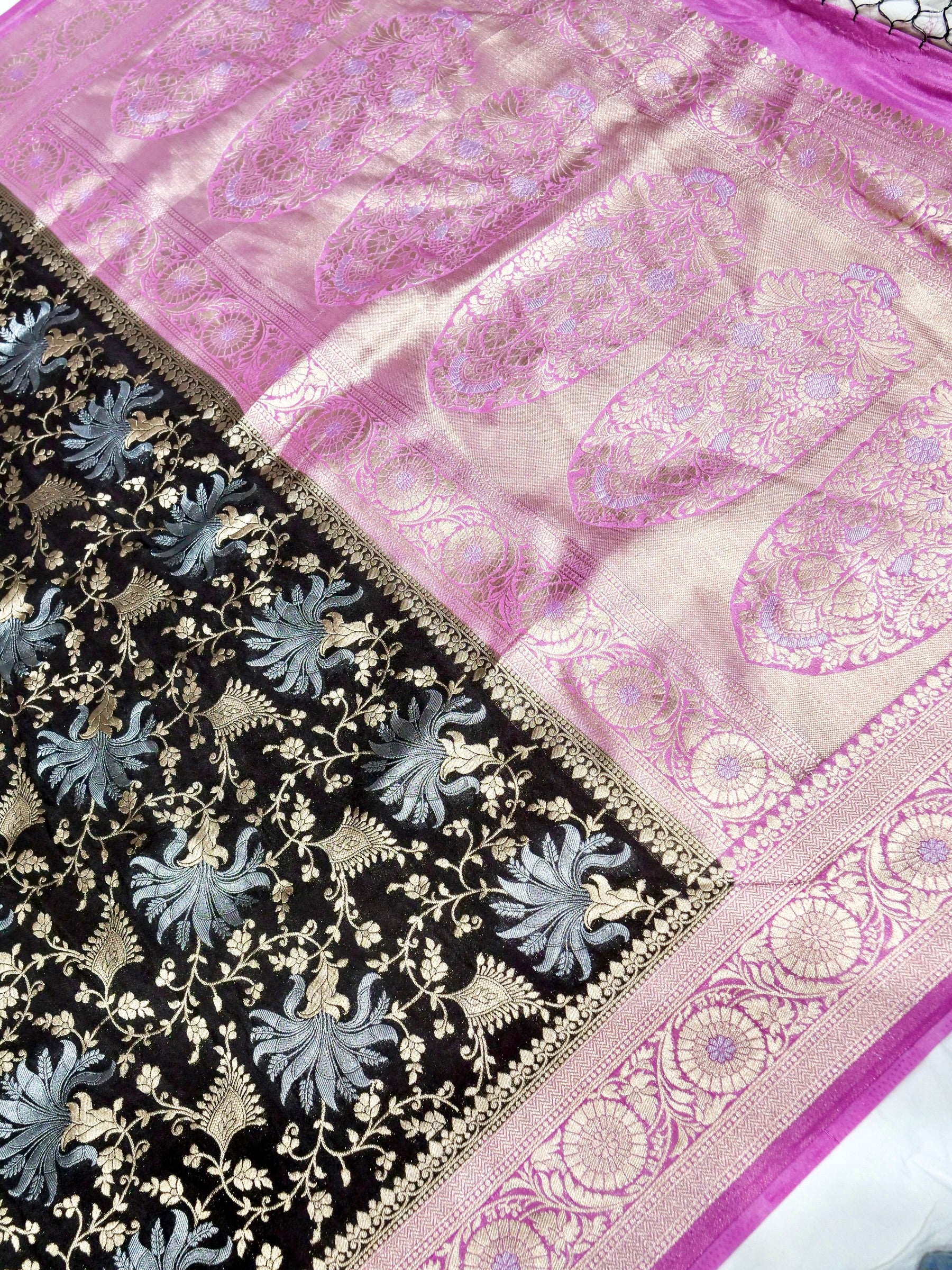 Jet Black Crepe Georgette Silk Saree with Pink Border and Gold - Silver Weave