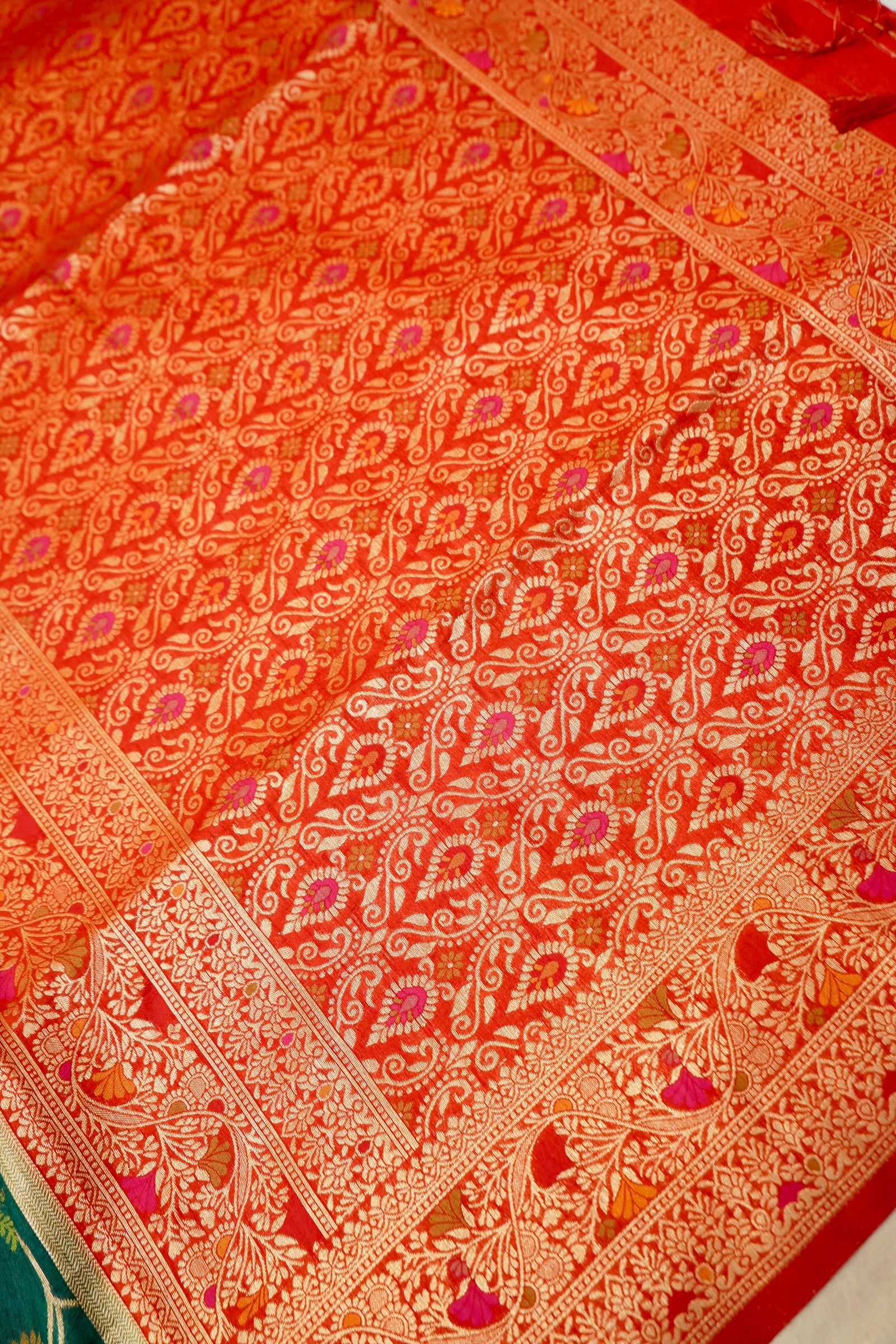 Bottle Green Dupion Patola Saree with Rust-Red Border & Intricate Gold Zari Work