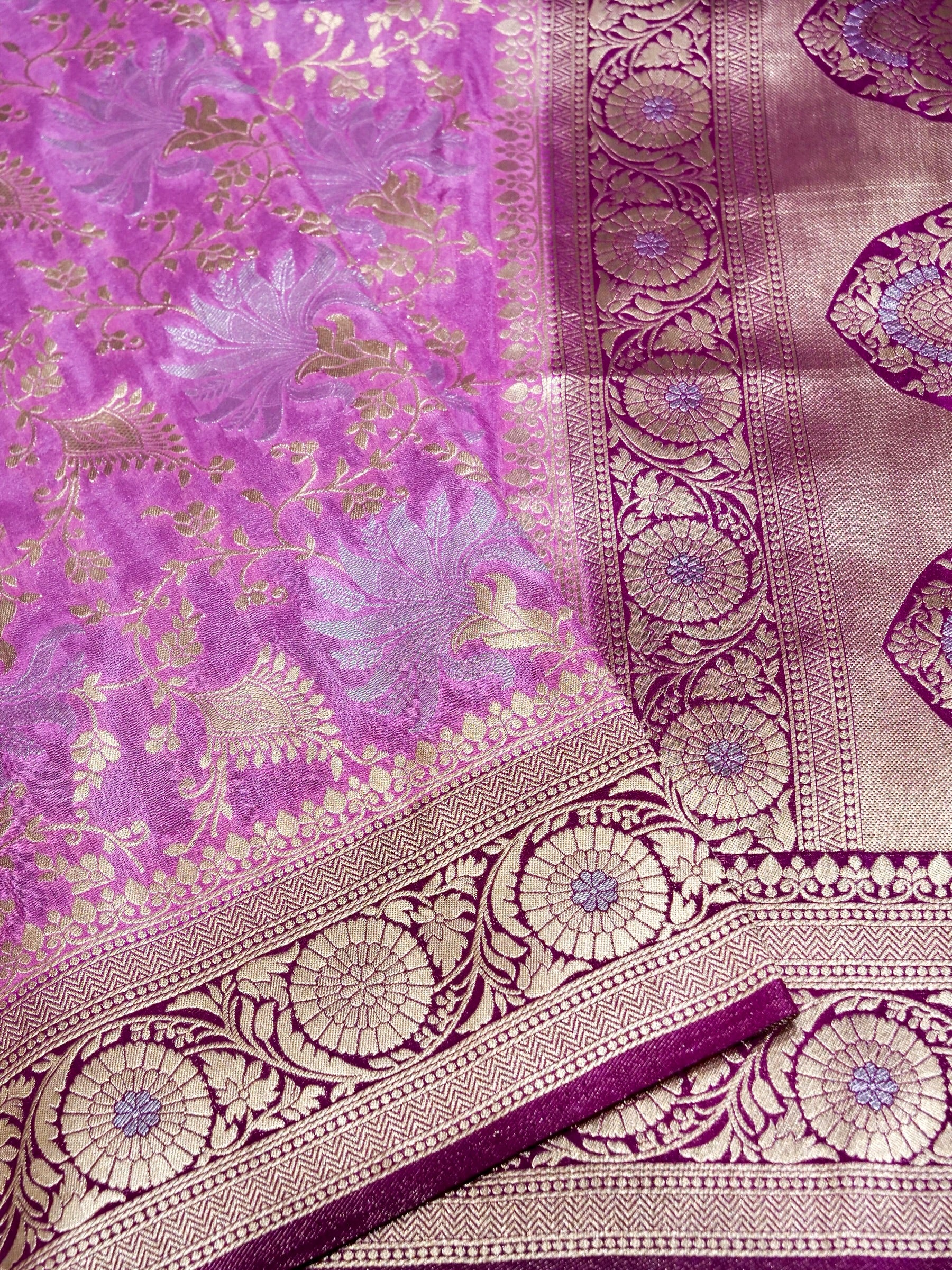 Lavender Pink Crepe Georgette Silk Saree with Purple and Champagne Gold Border