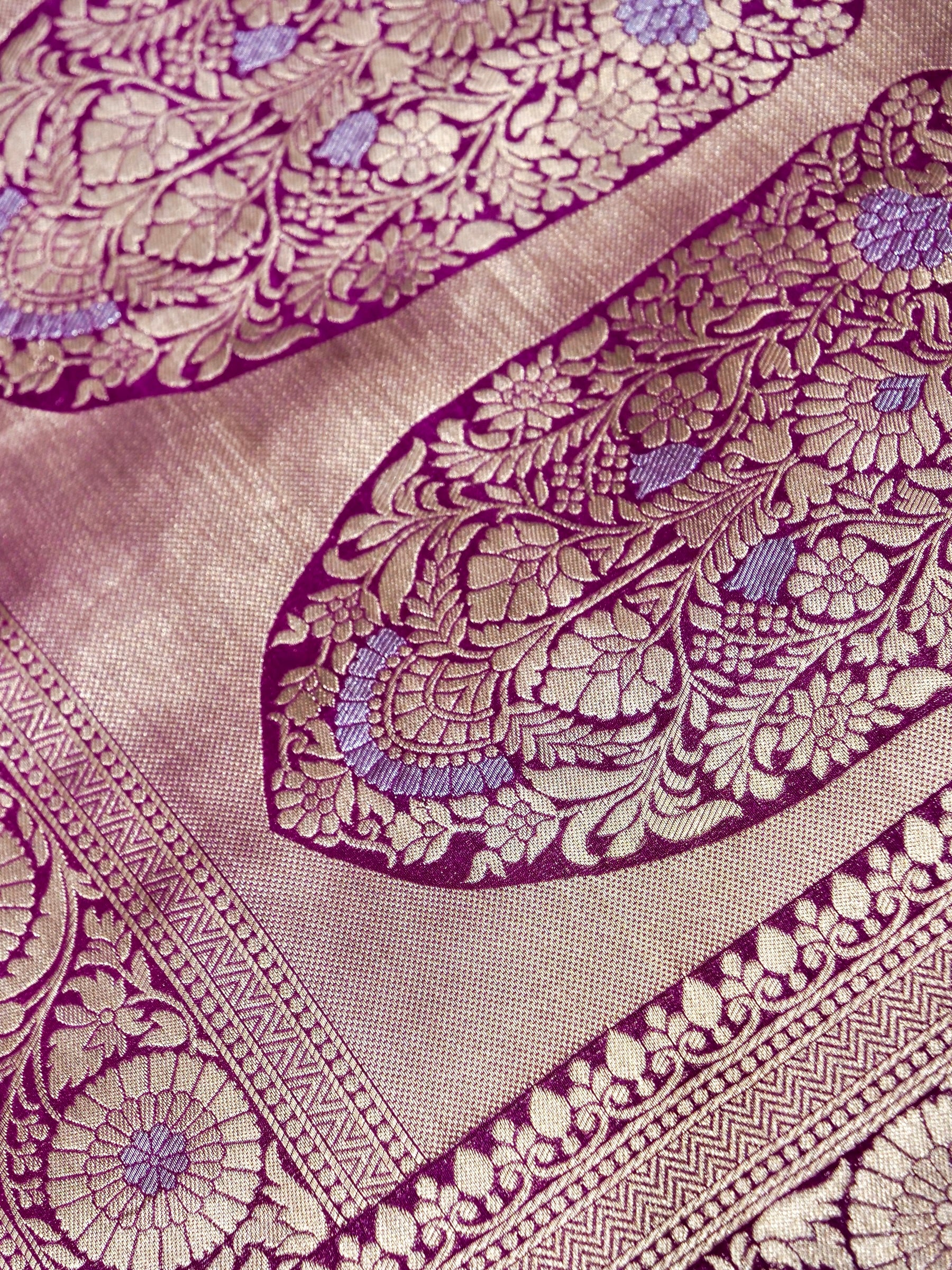 Lavender Pink Crepe Georgette Silk Saree with Purple and Champagne Gold Border