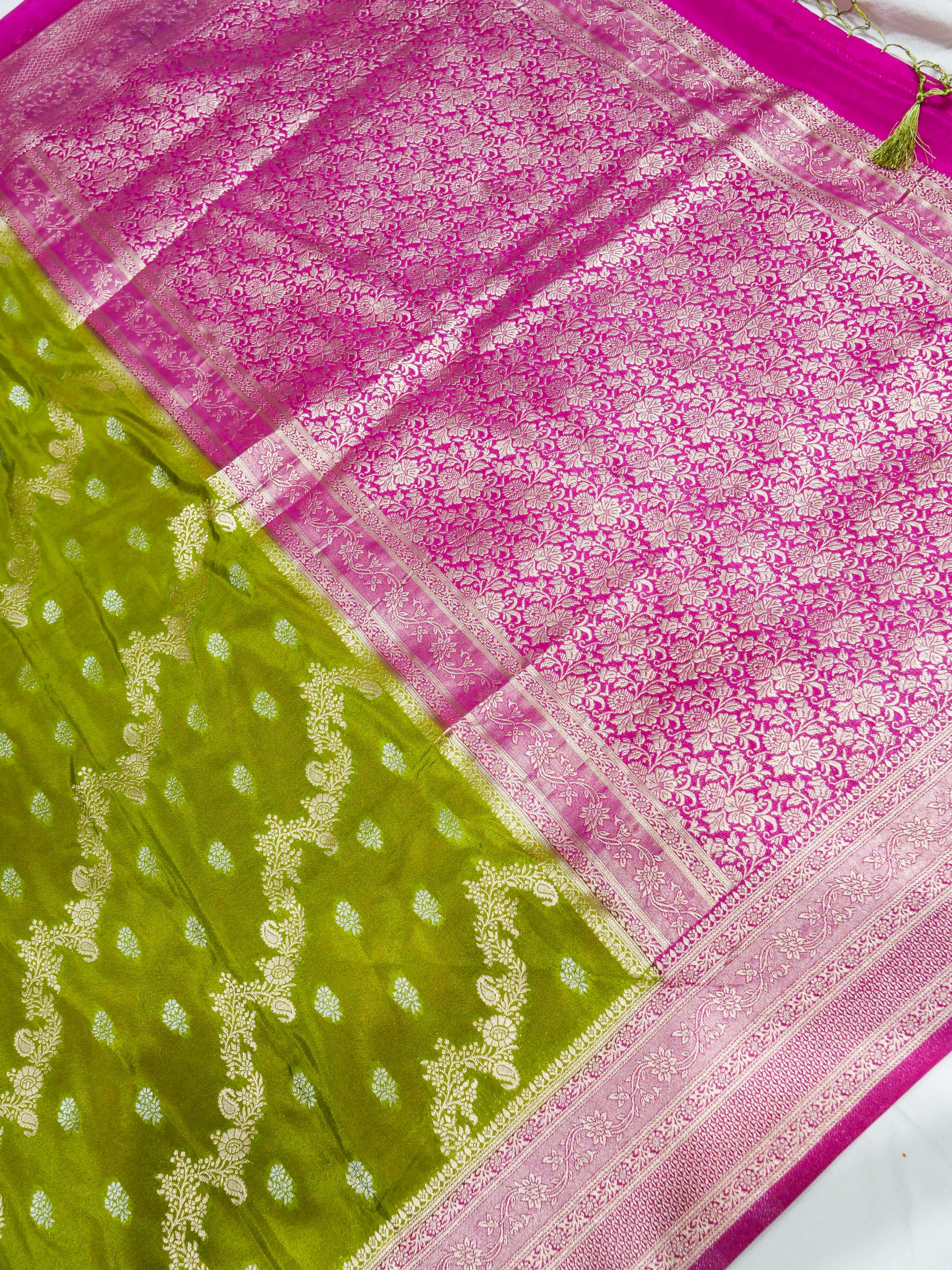 Olive Green Crepe Georgette Silk Saree with Rani Pink and Champagne Gold Border