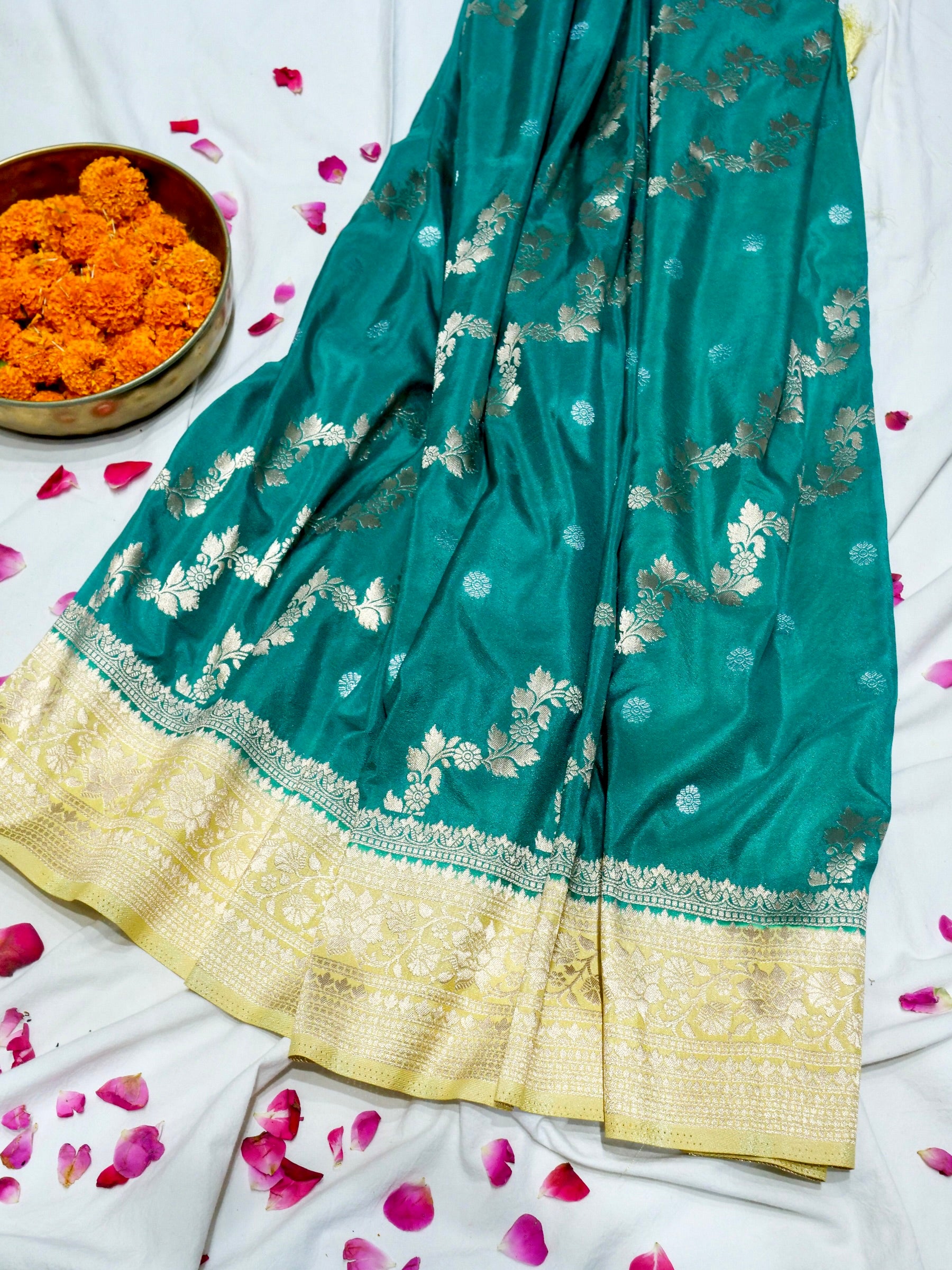 Teal Green Crepe Georgette Silk Saree with Antique Gold Border