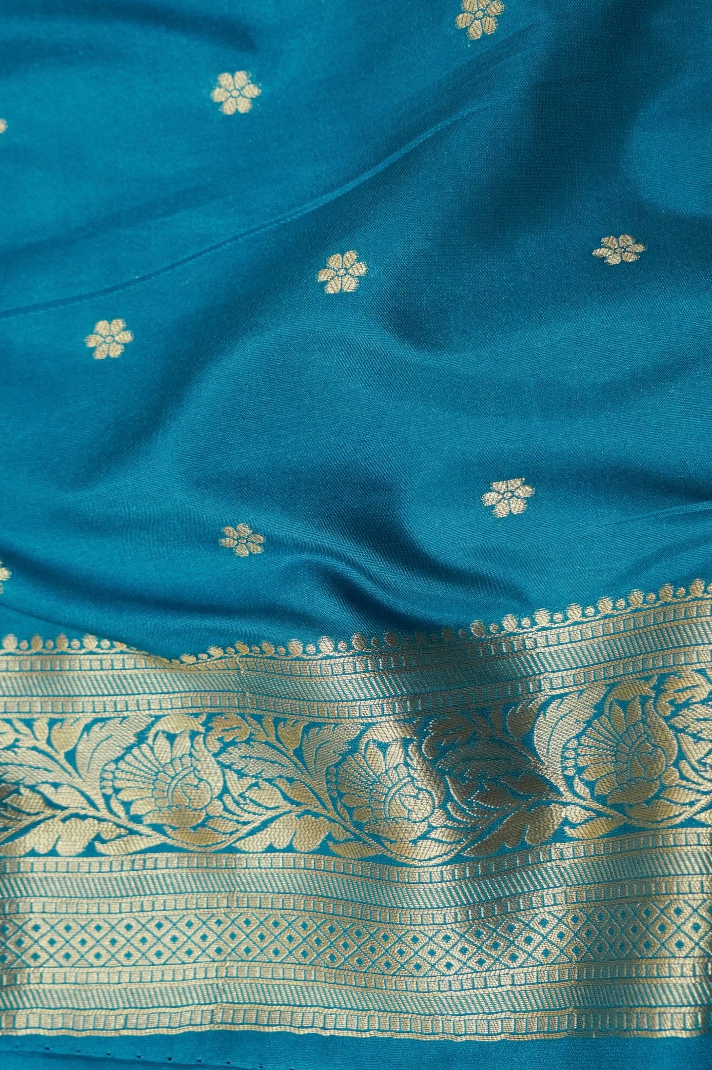 Deep Pink Crepe Georgette Silk Saree with Teal and Gold Zari Border