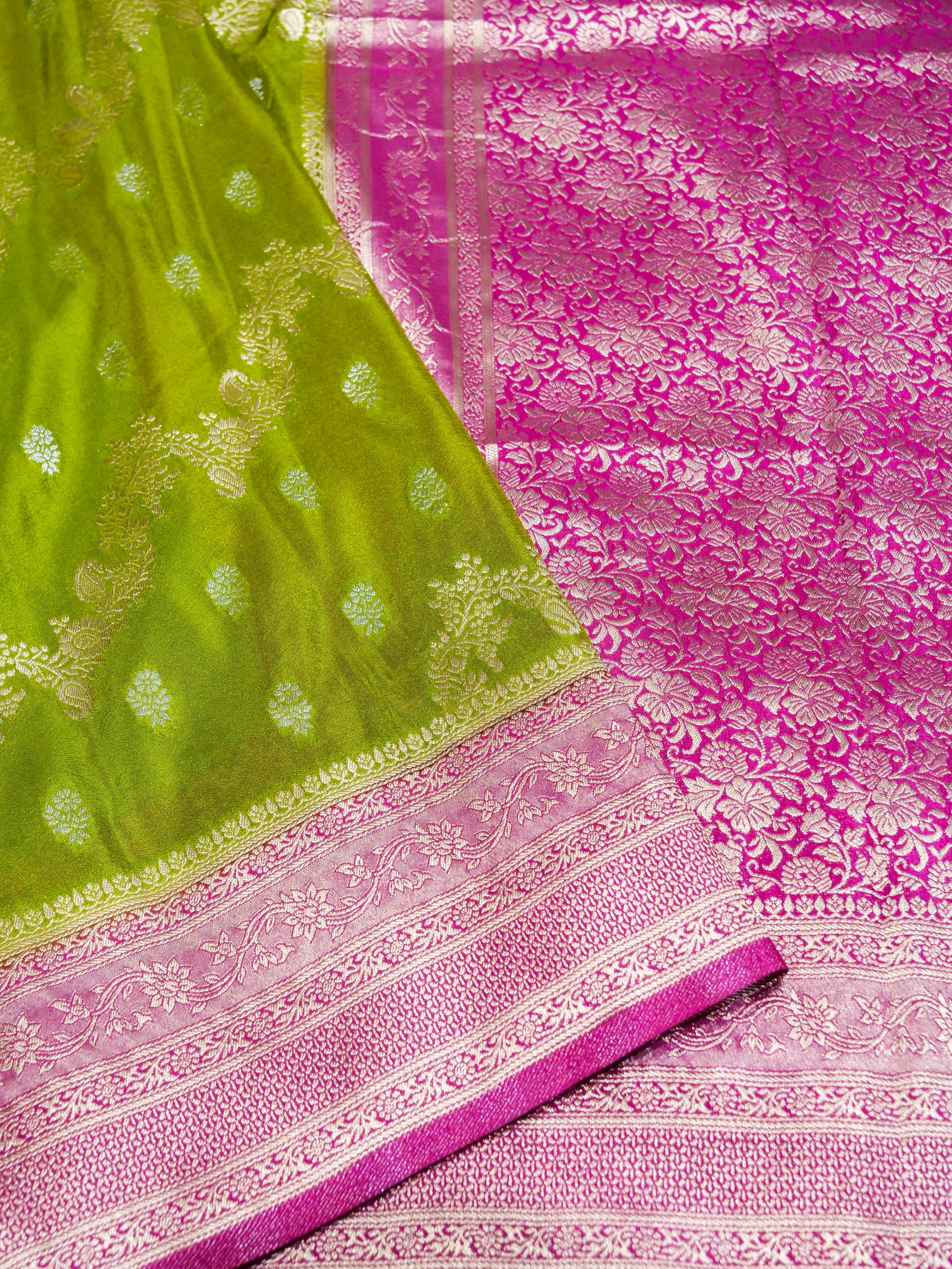 Olive Green Crepe Georgette Silk Saree with Rani Pink and Champagne Gold Border