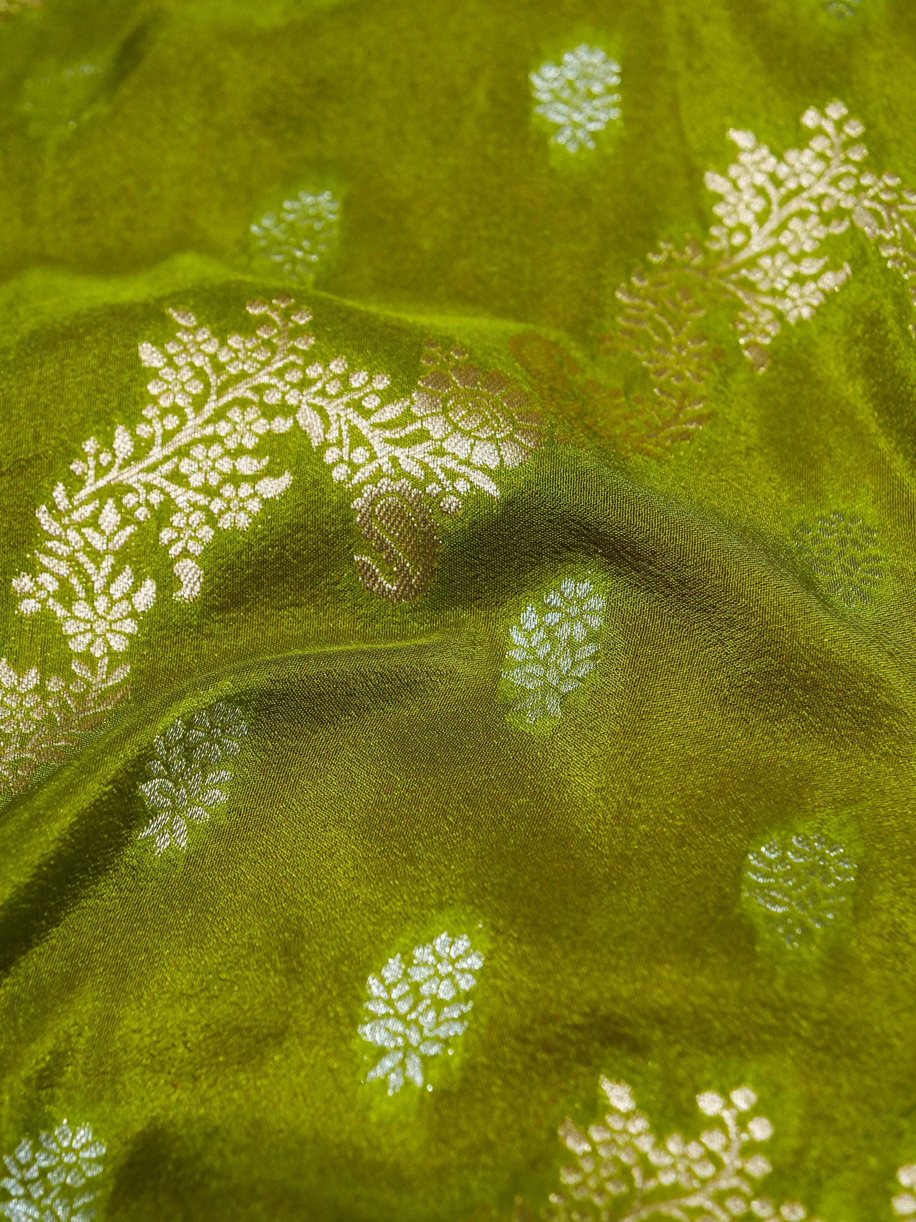 Olive Green Crepe Georgette Silk Saree with Rani Pink and Champagne Gold Border