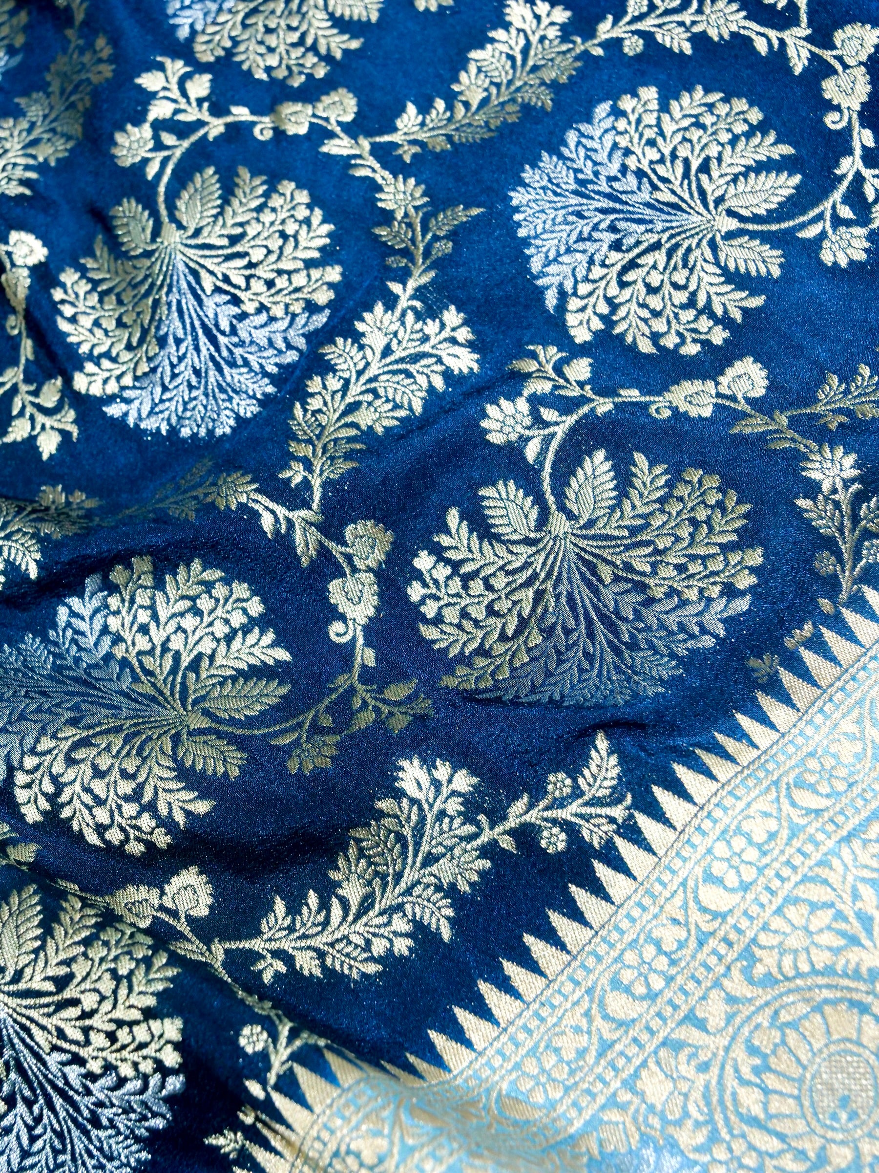 Royal Navy Blue Crepe Georgette Silk Saree with Powder Blue and Champagne Gold Border