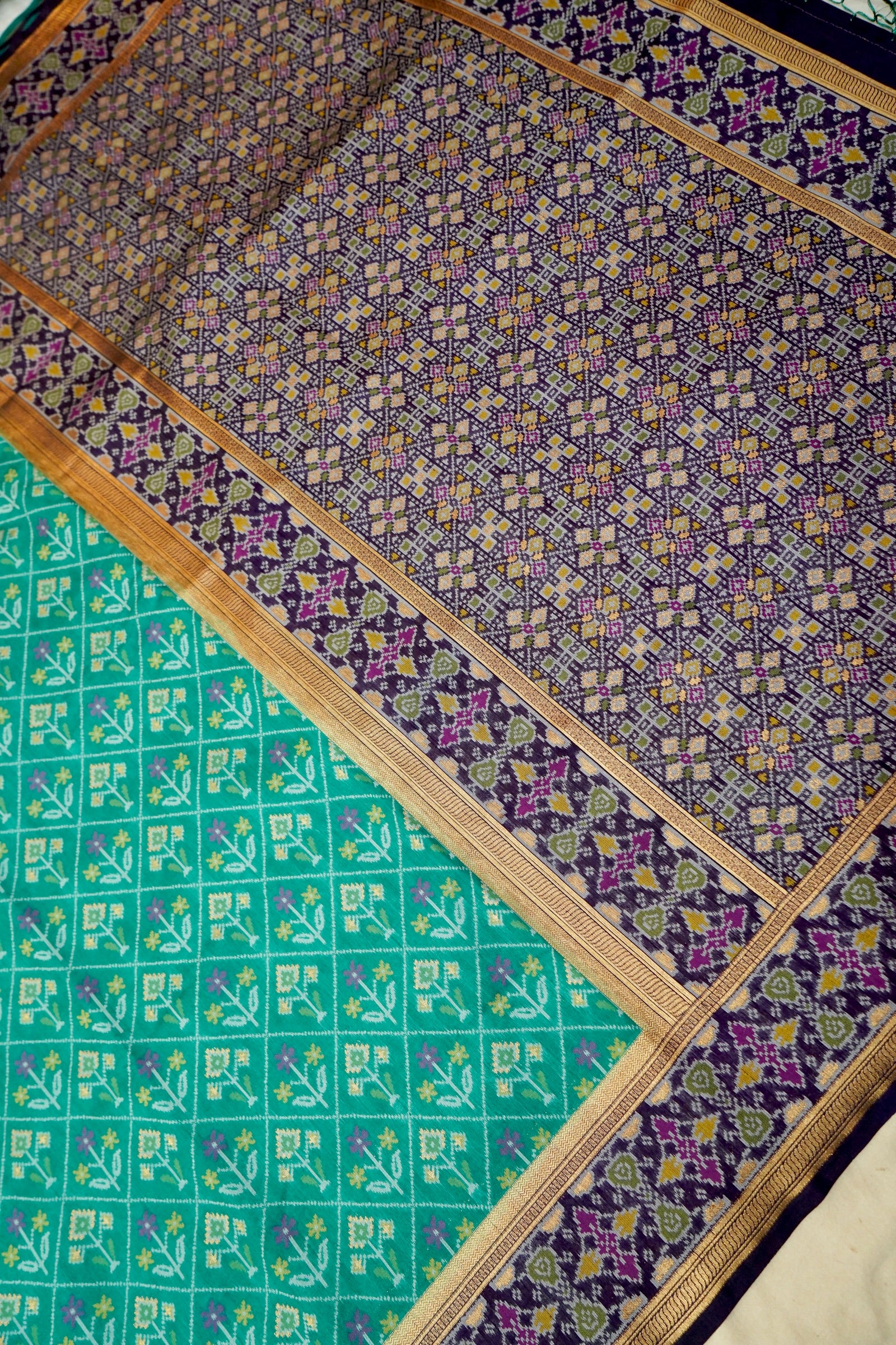 Sea Green Dupion Patola Saree with Lavender-Gold Border & Classic Ikat Motifs