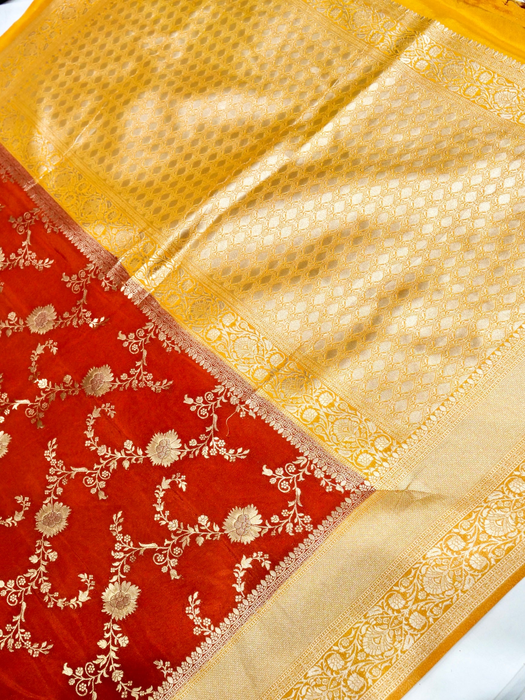 Burnt Orange Crepe Georgette Silk Saree with Mustard Gold Border