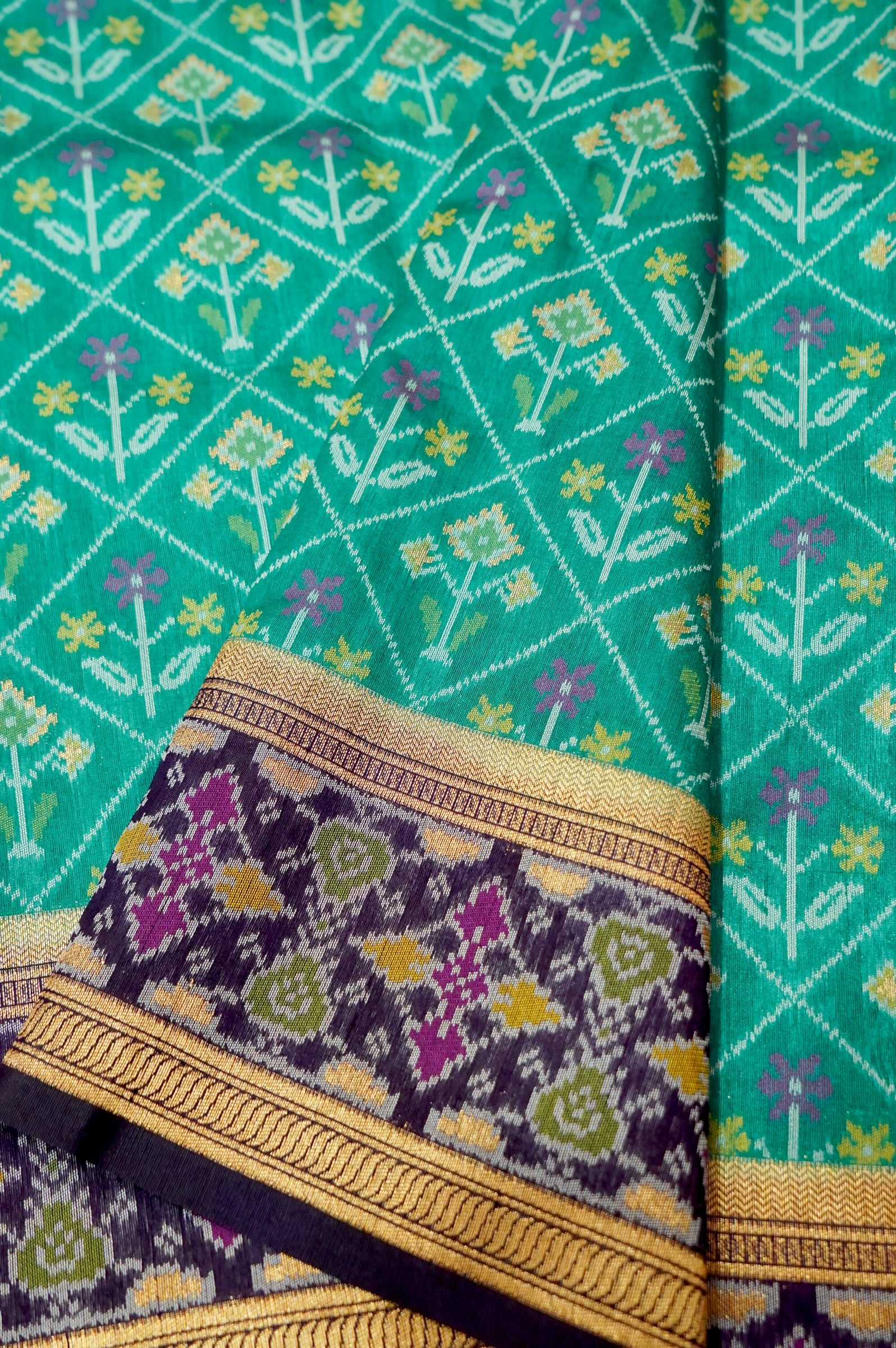 Sea Green Dupion Patola Saree with Lavender-Gold Border & Classic Ikat Motifs